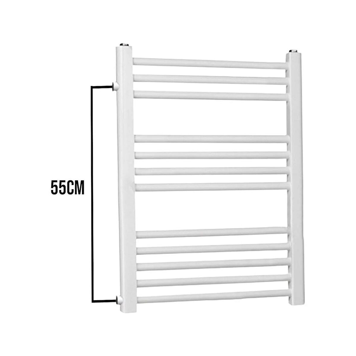 50/70cm 10 Borulu Beyaz Yandan Girişli Havlupan Radyatör Banyo Isıtıcı Aks 55cm