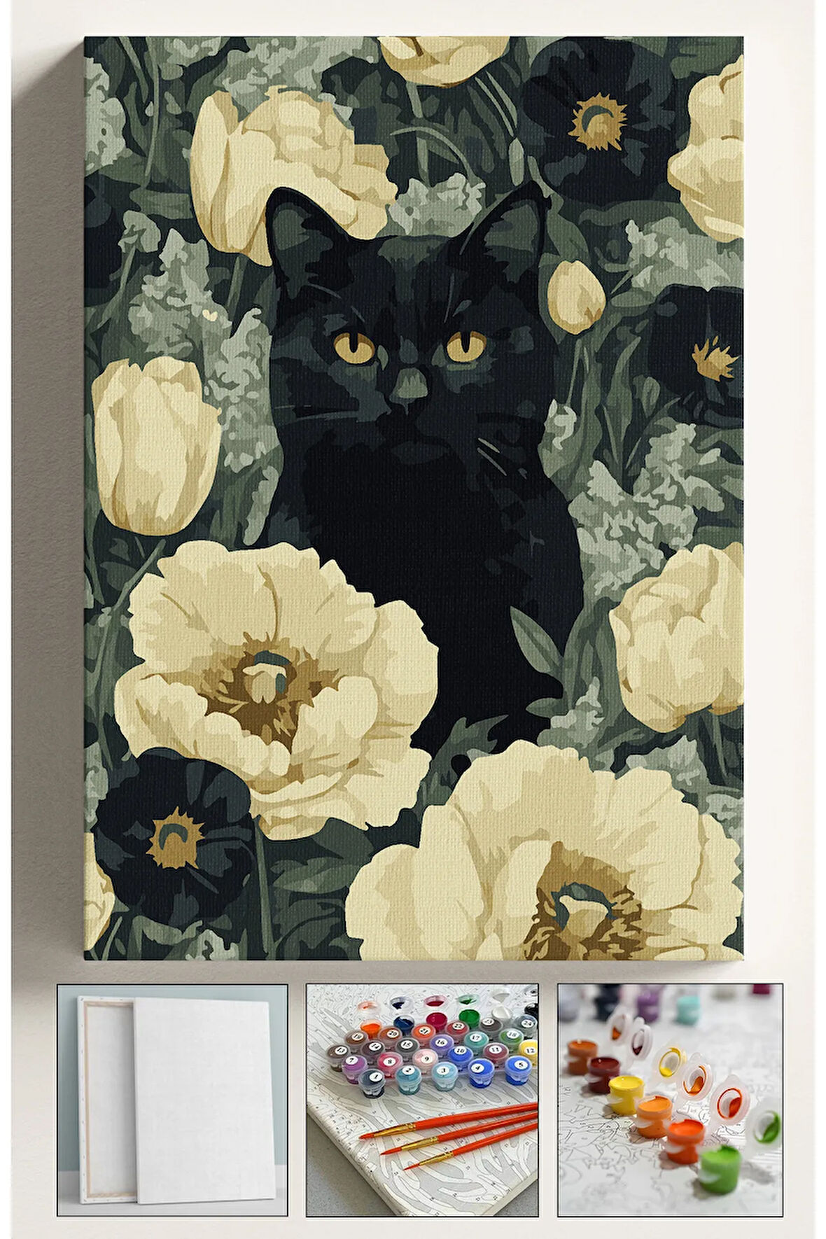 Sayılarla Boyama Tuval Seti Fırça Boya Dahil (Çıtalı) 40x50 CM - BEYAZ ÇİÇEKLER SİYAH KEDİ