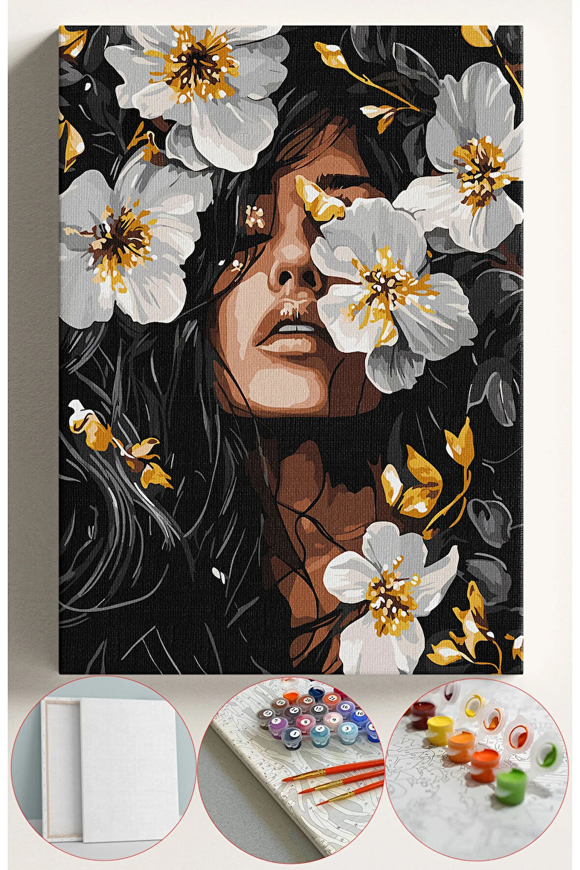 Sayılarla Boyama Seti Numaralı Tuval Fırça Boya 40x50 Cm - BEYAZ ÇİÇEK SİYAH KADIN