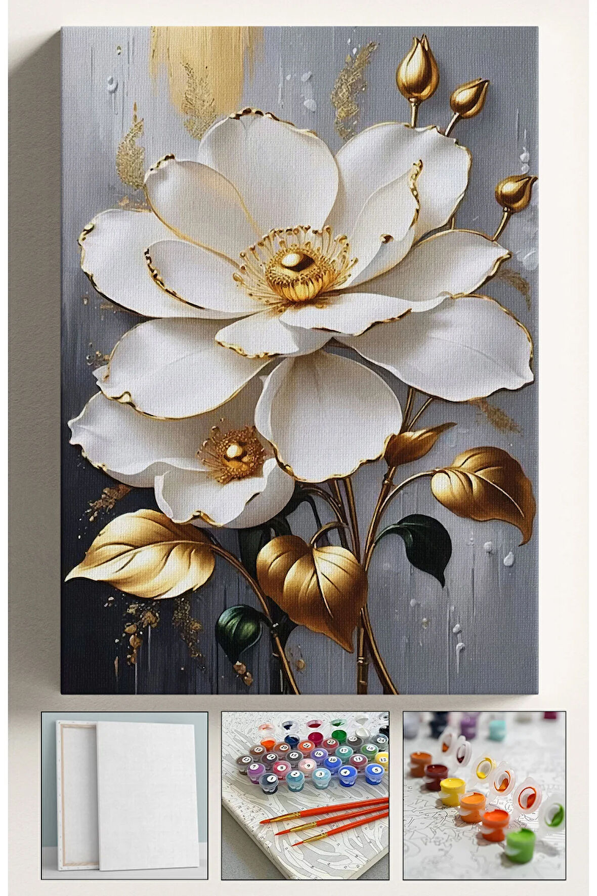 Sayılarla Boyama Hobi Seti Çerçeveli Numaralı Tuval Fırça Boya Dahil Kasnaklı BEYAZ ÇİÇEK 40x50 Cm