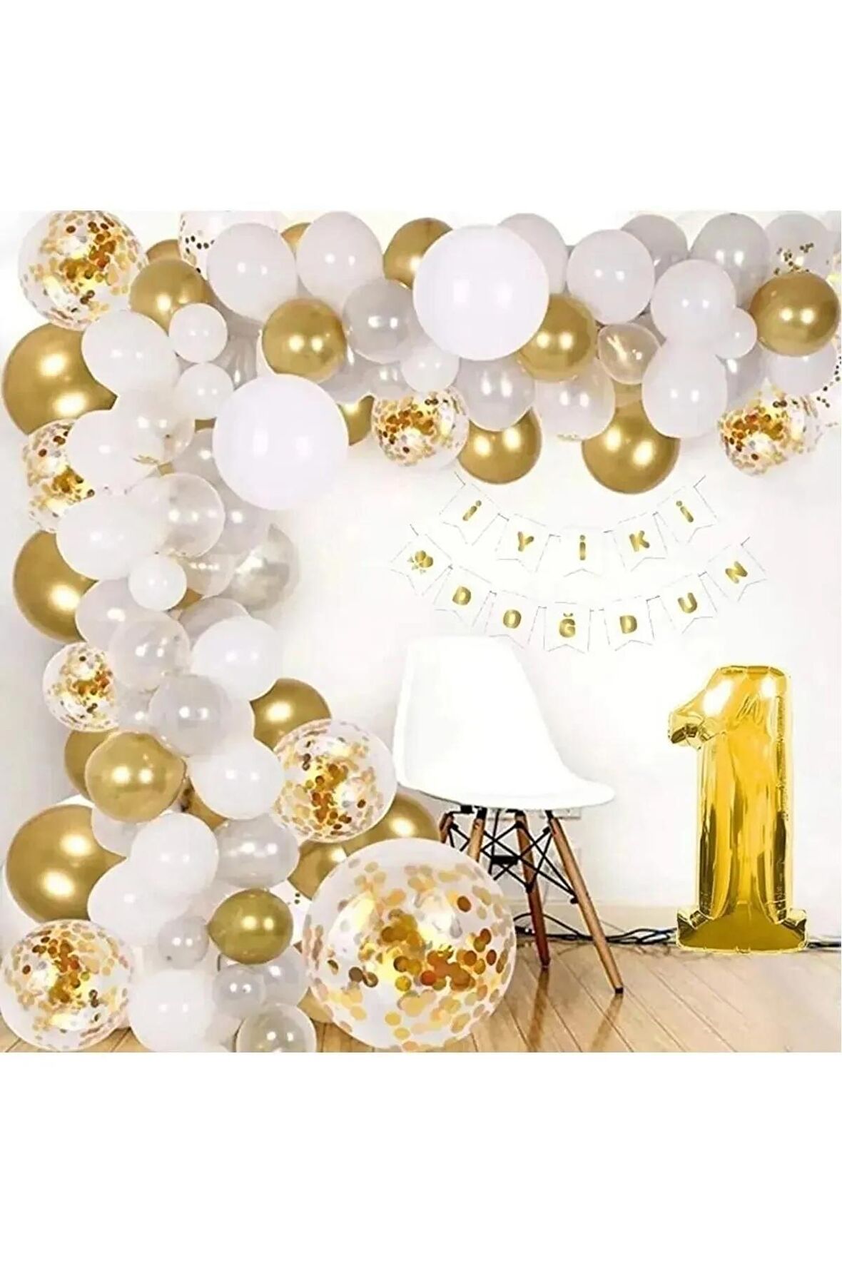 Beyaz Üzeri Gold Yaş Balon Zinciri Seti Gölge Altın Balon Dekorasyon