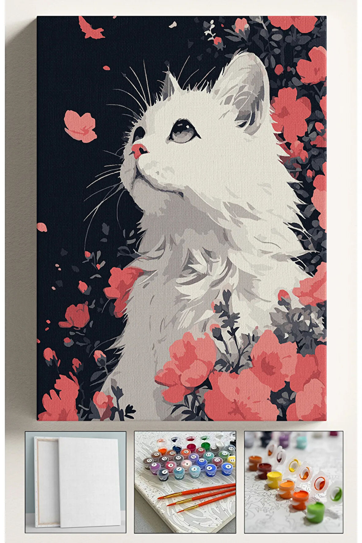 Sayılarla Boyama Çerçeveli Hobi Seti Numaralı Tuval Fırça Boya Dahil Kasnaklı BEYAZ KEDİ 40X50 Cm