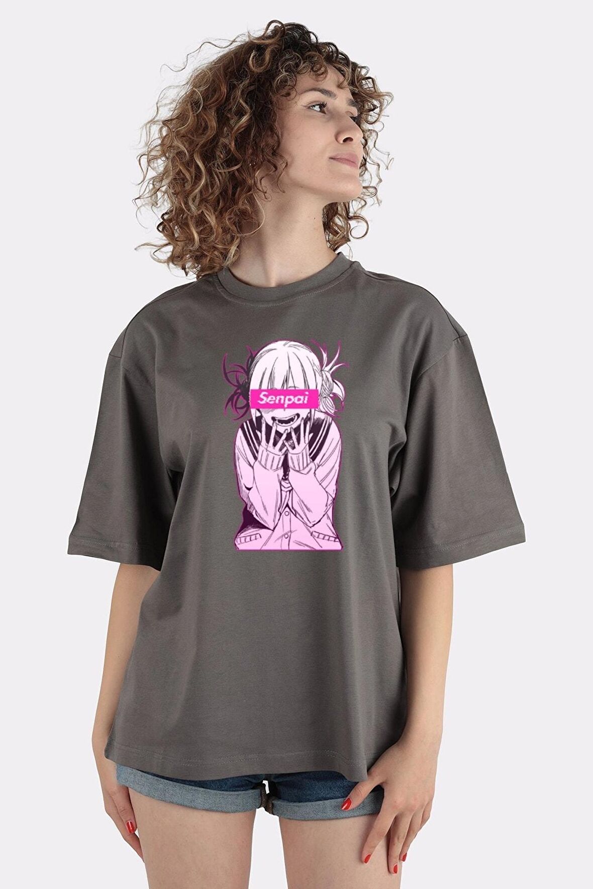 Füme %100 Pamuk Bisiklet Yaka Oversize T-shirt Anime Senpai