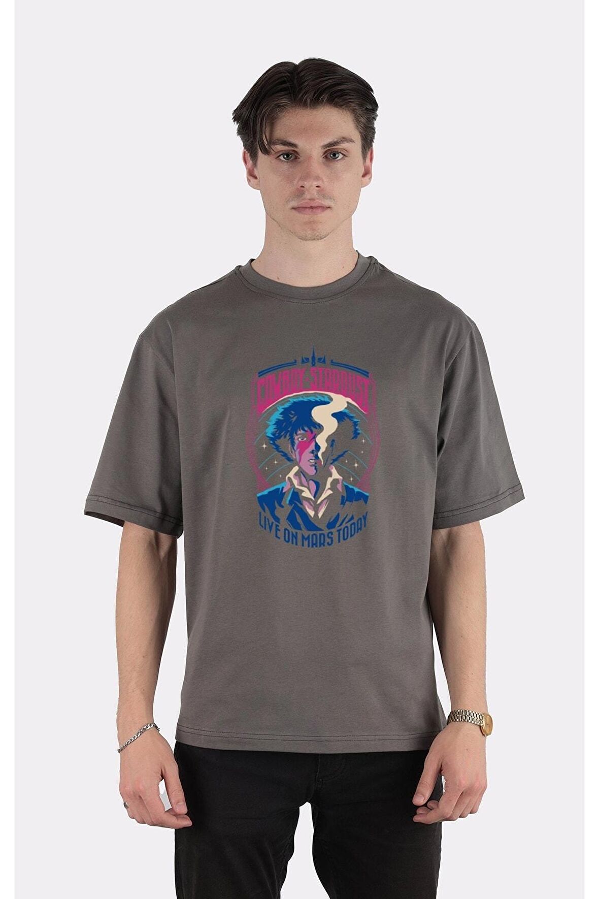 Füme %100 Pamuk Bisiklet Yaka Oversize T-shirt Cowboy Stardust