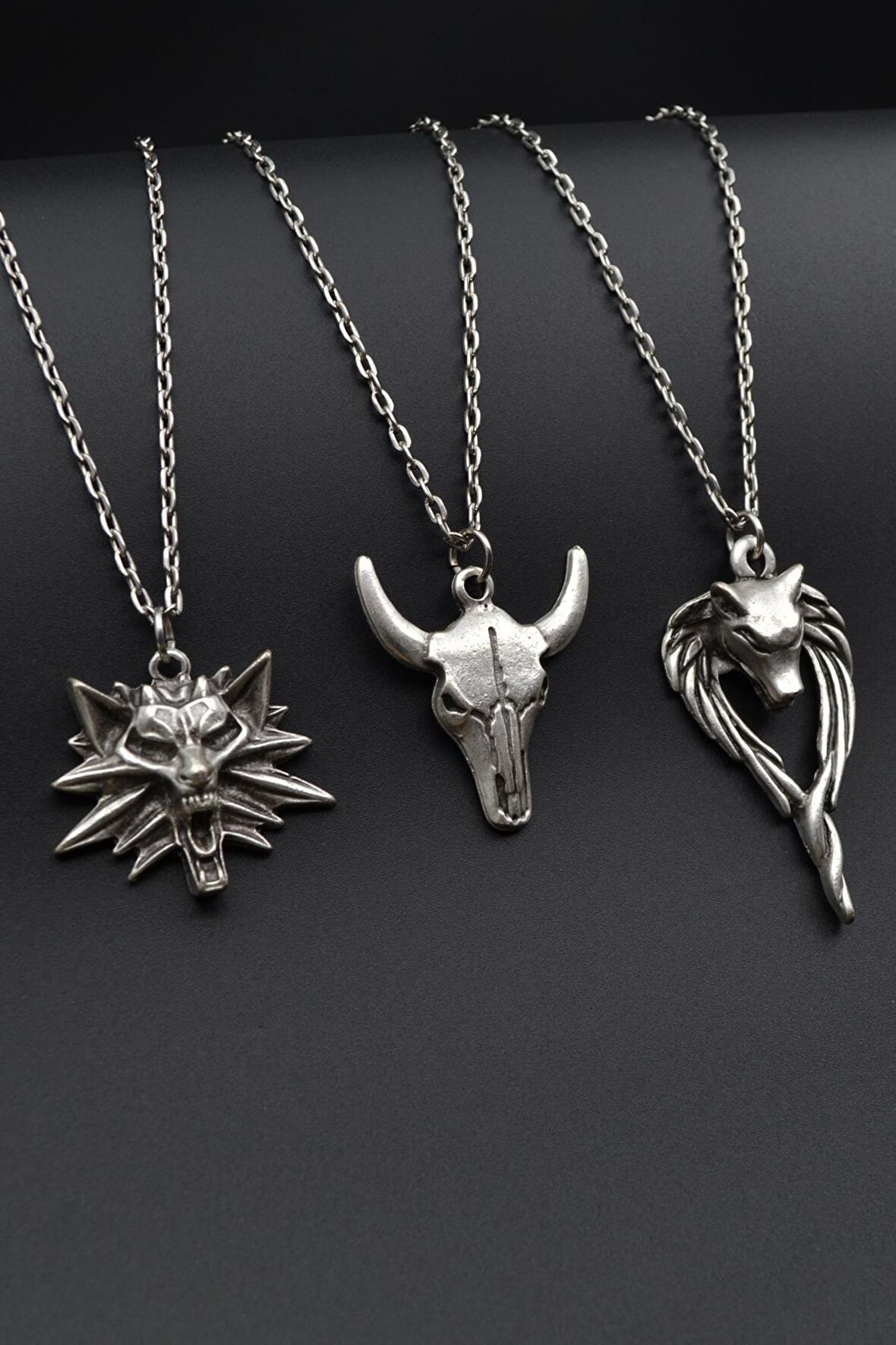 3'lü The Witcher Kurt Anubis Ceza Tanrısı Buffalo Boğa Erkek Kadın Kolye Seti 925 Ayar Gümüş Kaplama