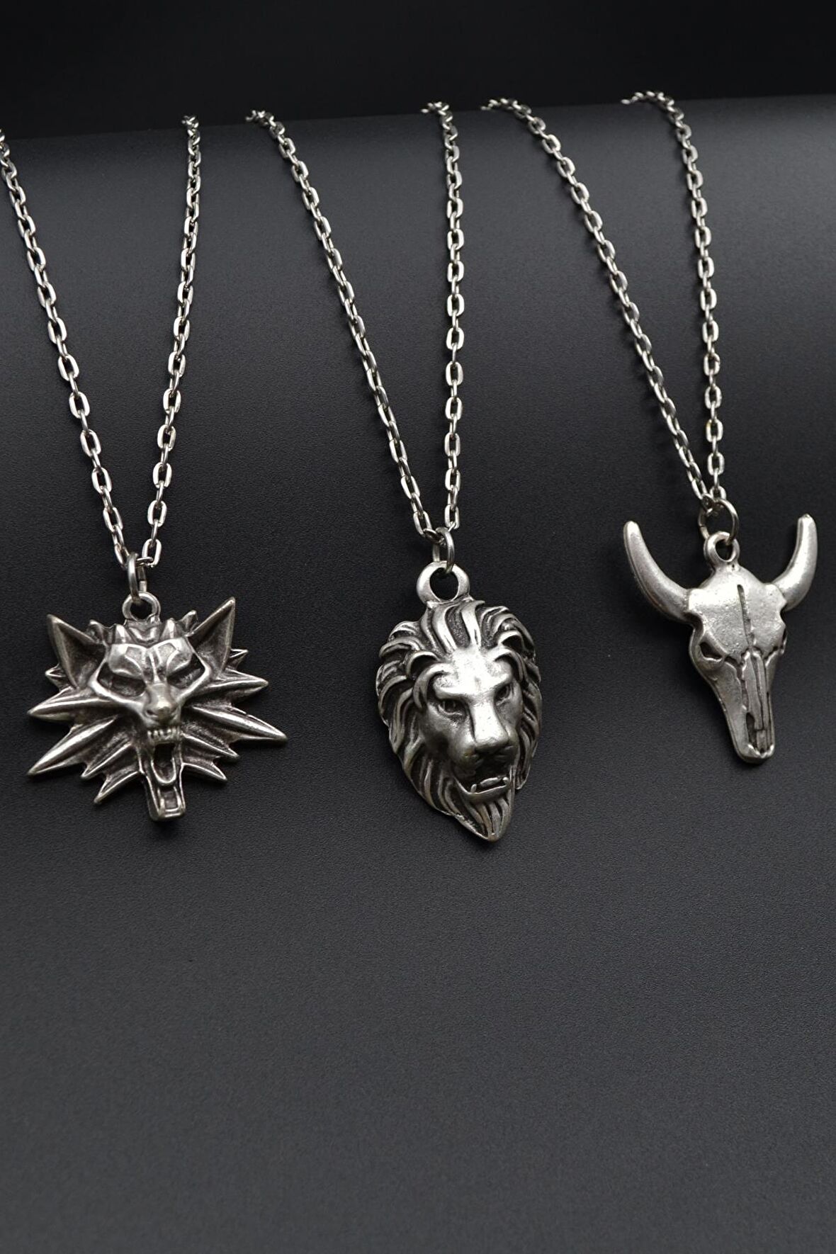 3'lü The Witcher Kurt Anubis ve Buffalo - Boğa Erkek Kadın Kolye Seti 925 Ayar Gümüş Kaplama