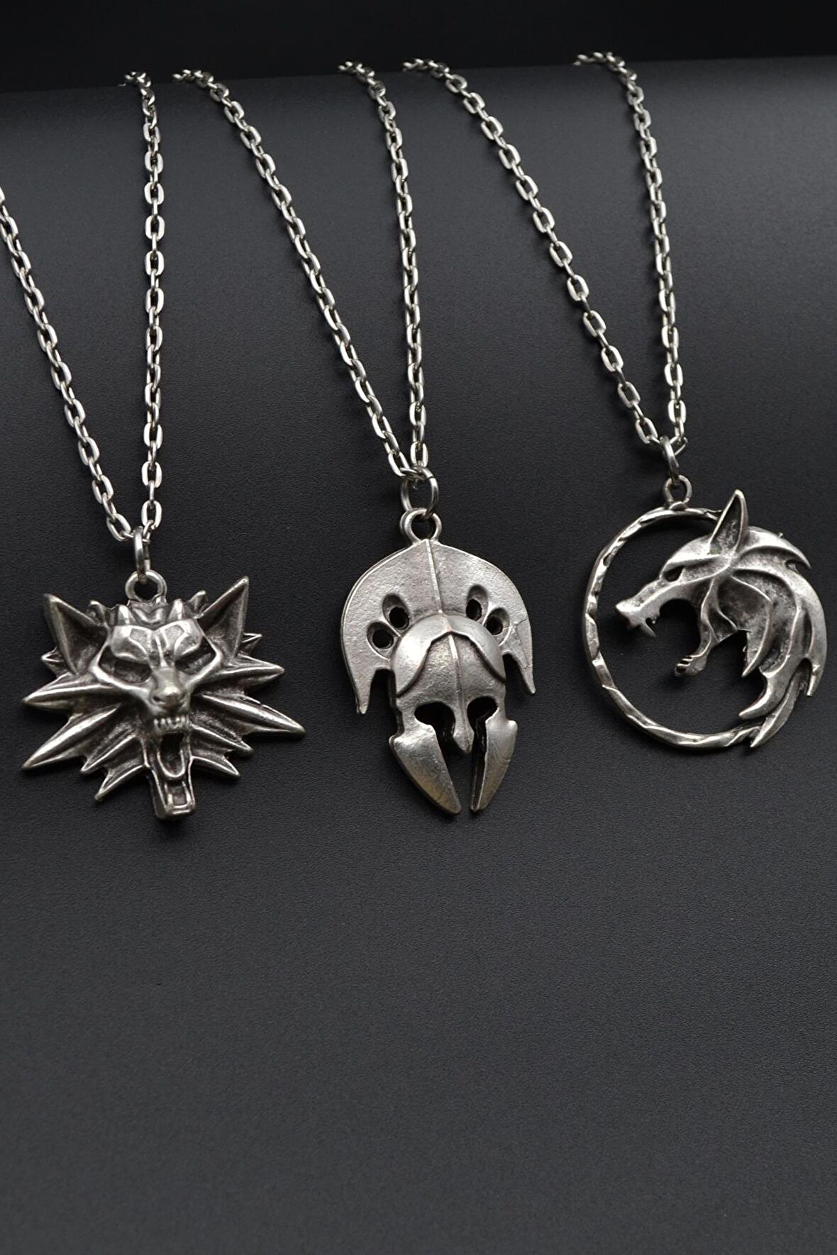 3'lü The Witcher Kurt Savaşçı Gladyatör Miğfer Erkek Kadın Kolye Seti 925 Ayar Gümüş Kaplama