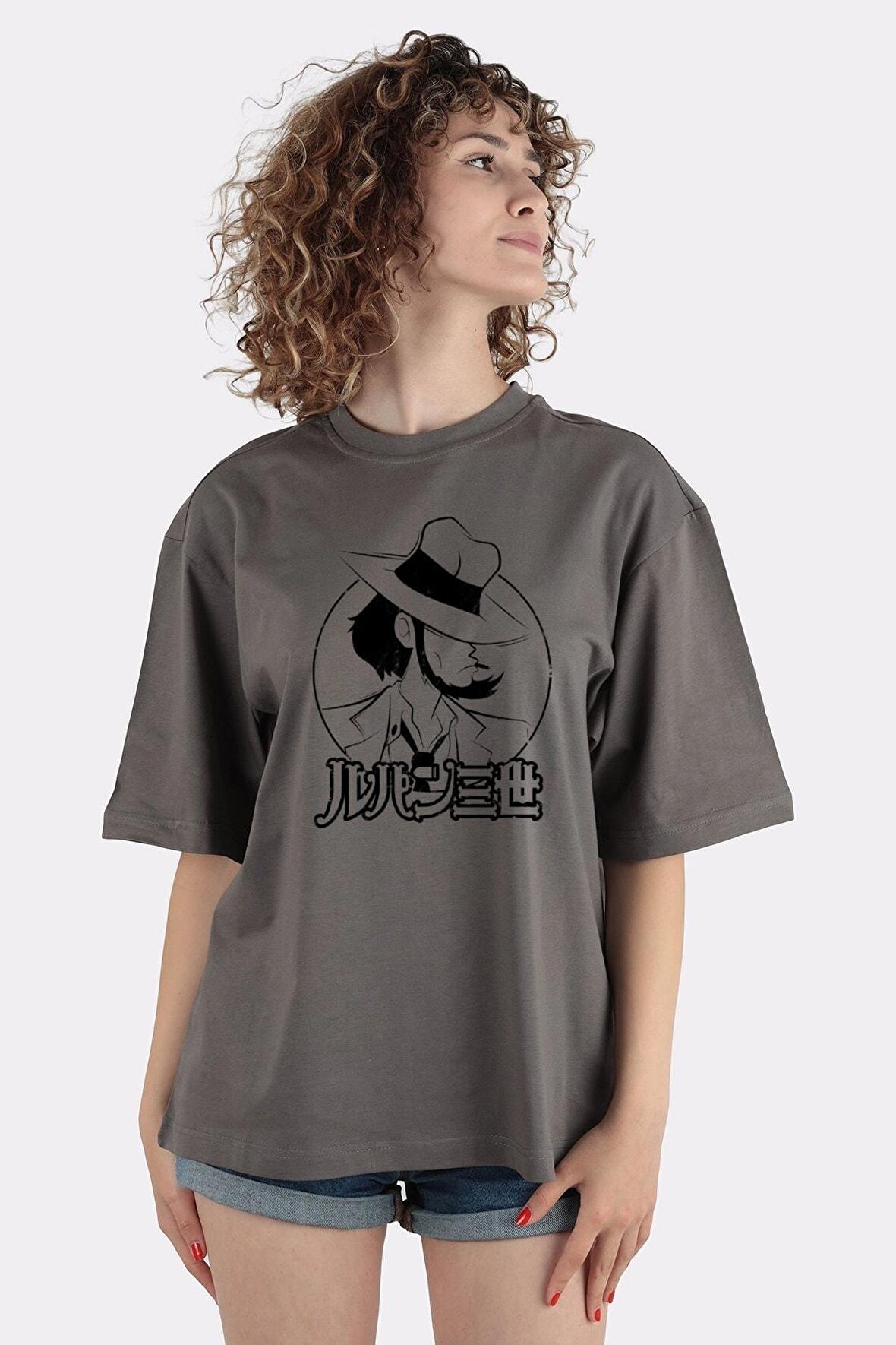 Füme %100 Pamuk Bisiklet Yaka Oversize T-shirt Jigen