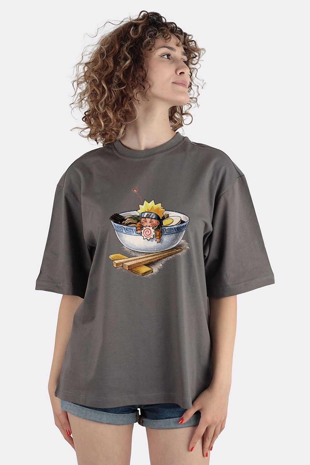 Füme %100 Pamuk Bisiklet Yaka Oversize T-shirt Naruto Love Ramen