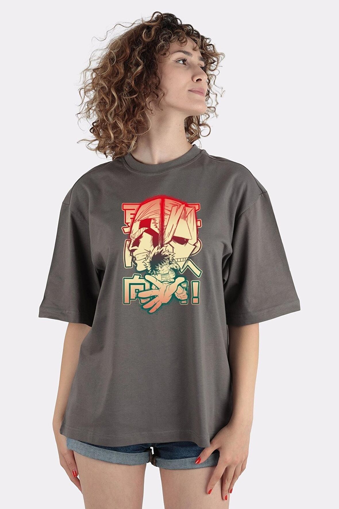 Füme %100 Pamuk Bisiklet Yaka Oversize T-shirt Plus Ultra Hero