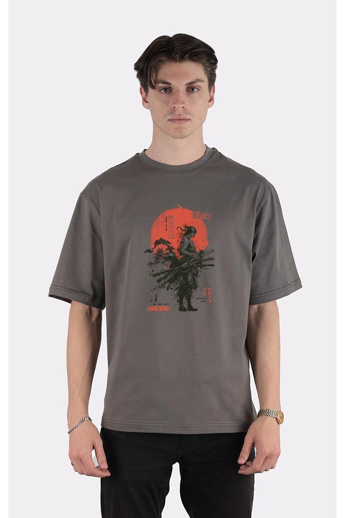 Füme %100 Pamuk Bisiklet Yaka Oversize T-shirt Zoro Samurai Wano Kuni Arc