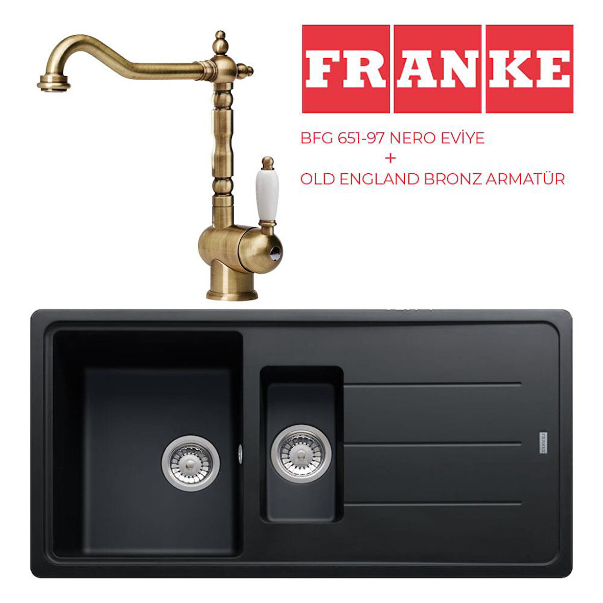 Franke BFG 651 Evye Nero Granit Evye, Old England Bronz Armatür Set