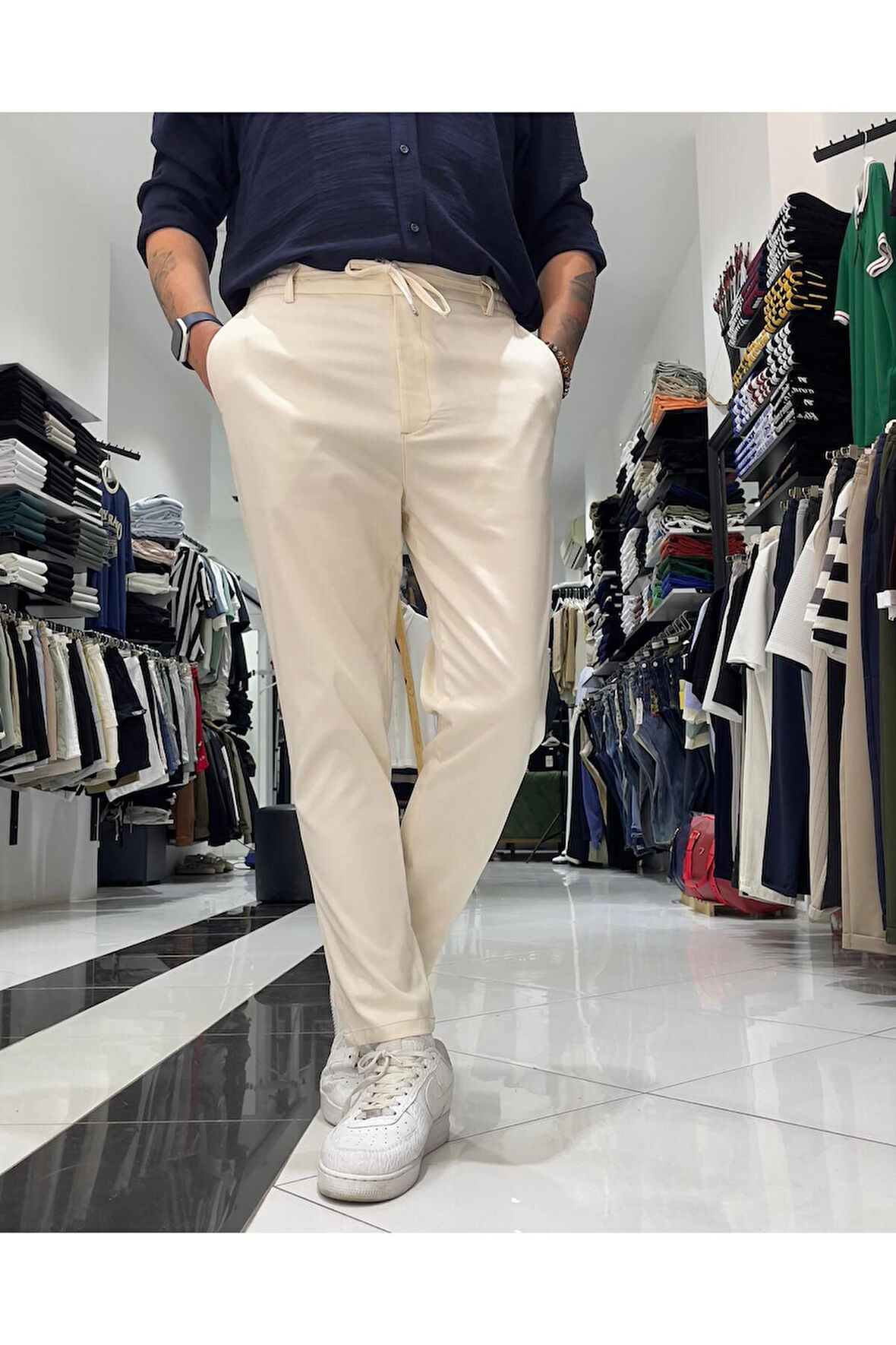 İtalyan Stil Boyfriend Kesim Kordonlu Erkek Kumaş Pantolon