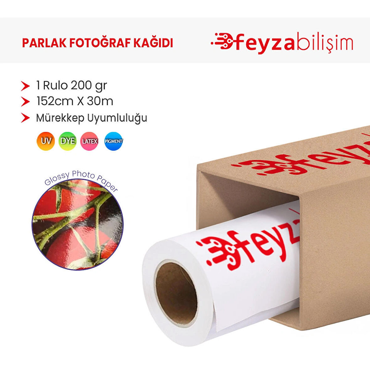 Feyza Bilişim® Microporous (Glossy) Parlak Fotoğraf Kağıdı Waterprof 200gr 152cm x30mt (1 Rulo)