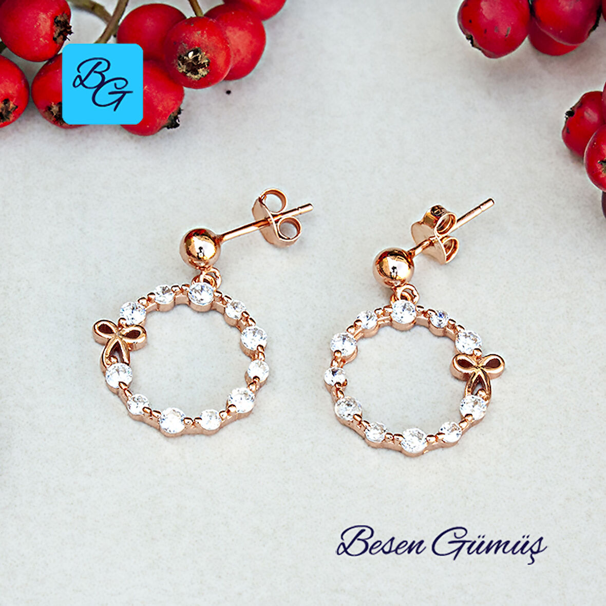 Taşlı Yuvarlak Fiyonk Gümüş Küpe