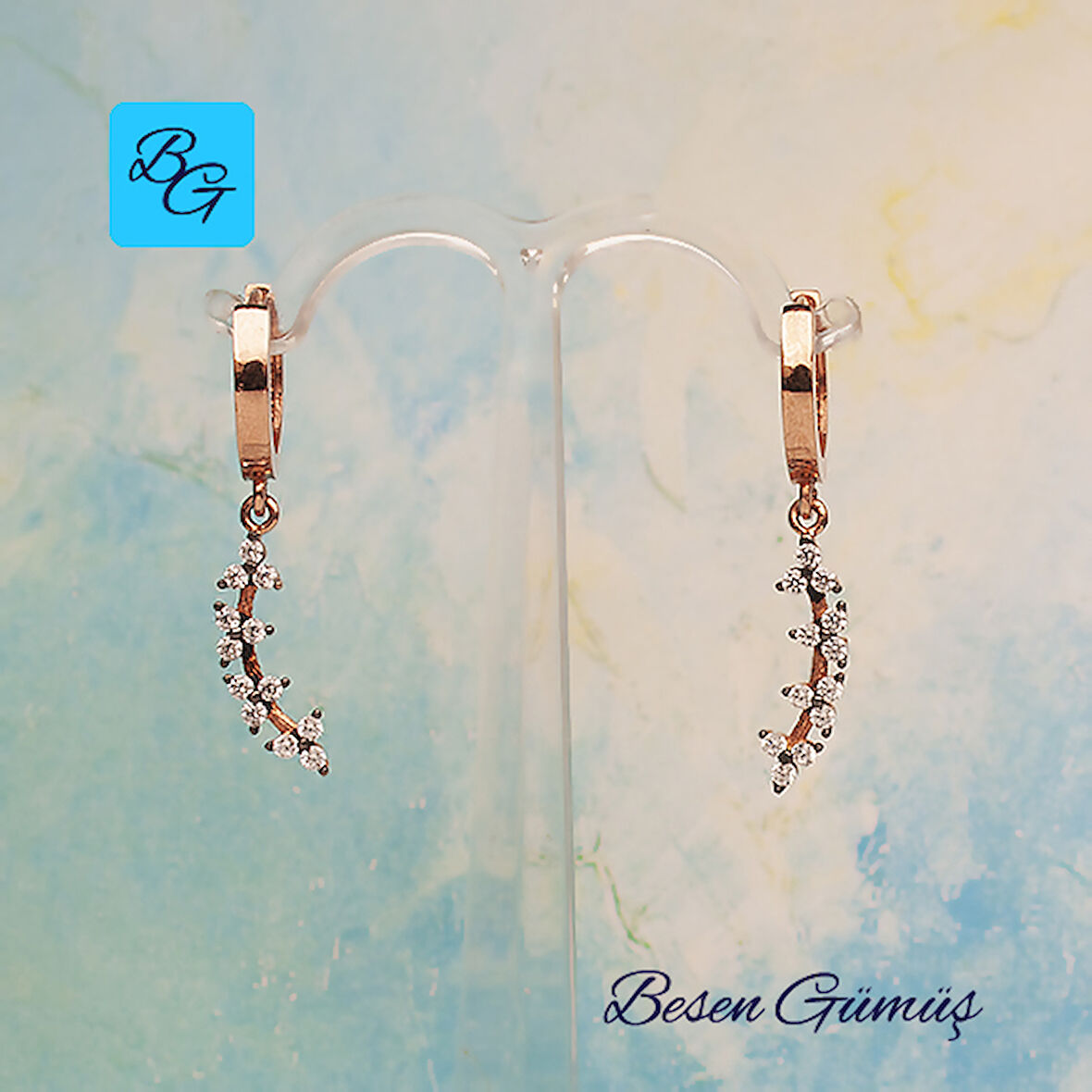 Rose Zirkon Taşlı Dal Üzerinde Çiçekler Sallantılı Halka Küpe