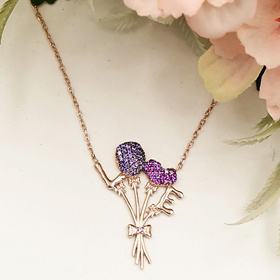 Love Aşk Pembe Kalp Balon Buket Kolye