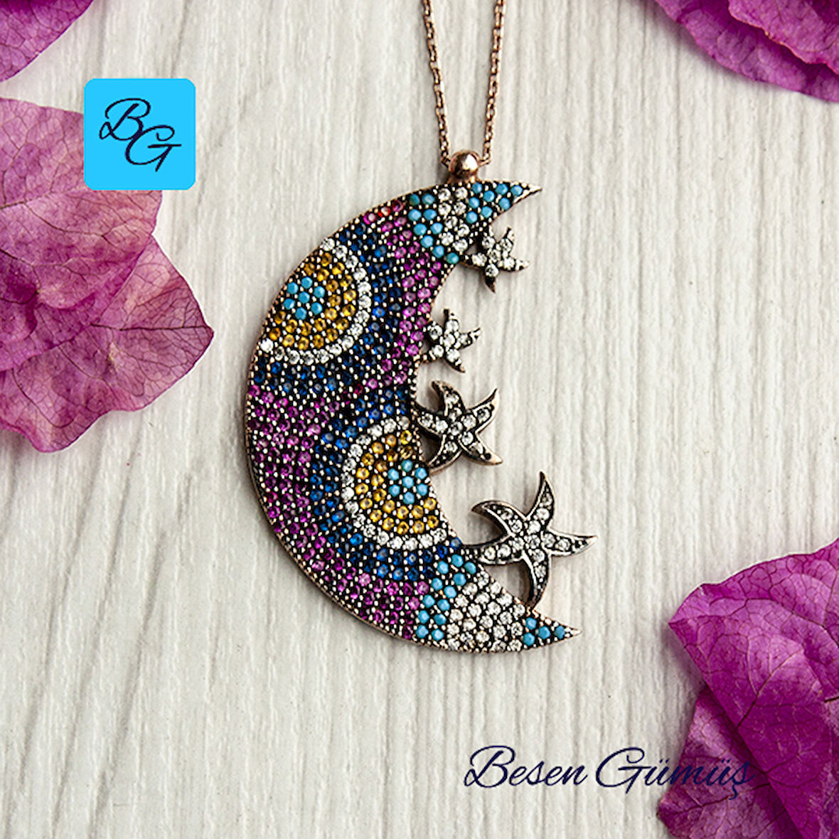 Renkli Zirkon Taşlı Ay Yıldızlar Kolye