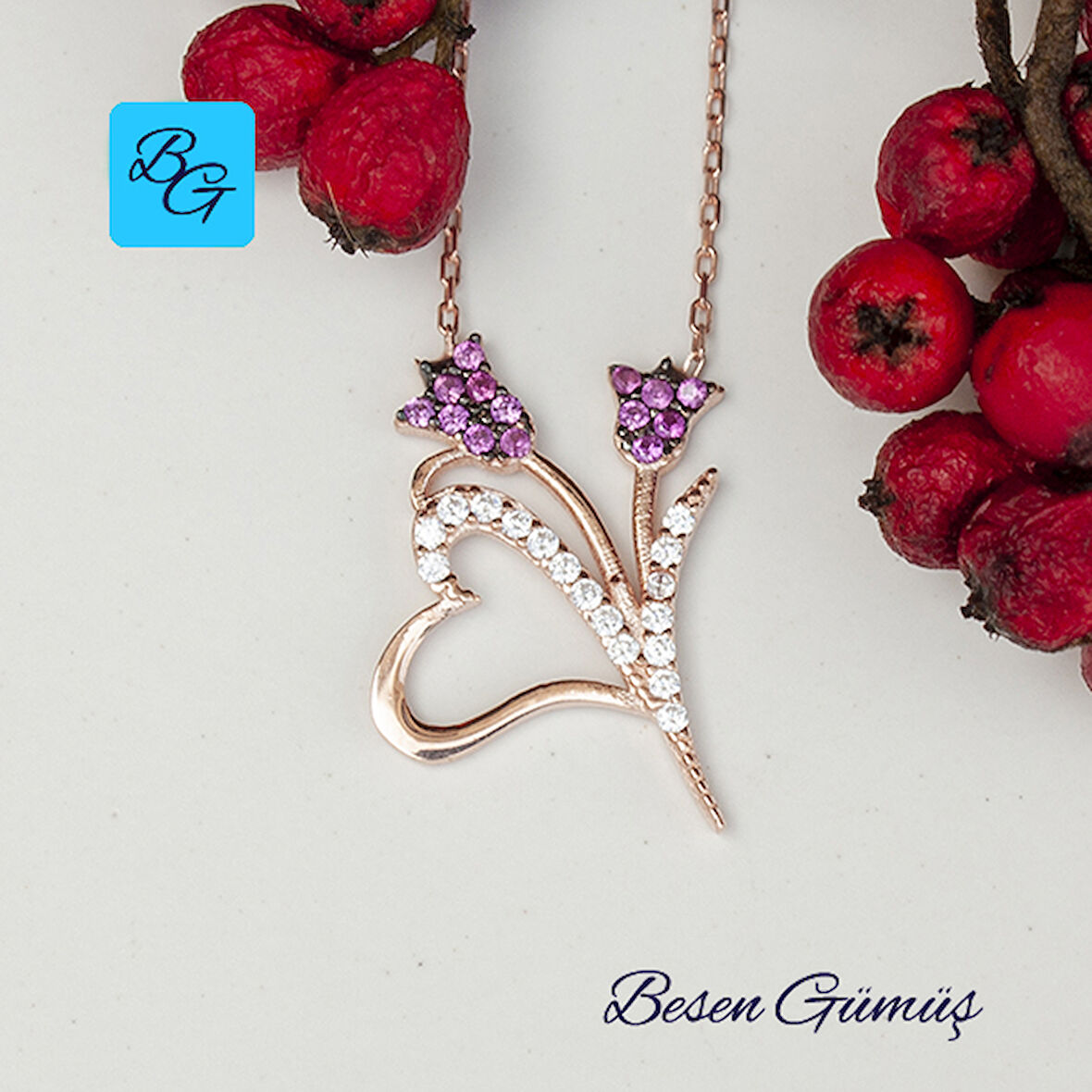 Rose Zirkon Taşlı Kalpli Lale Kolye