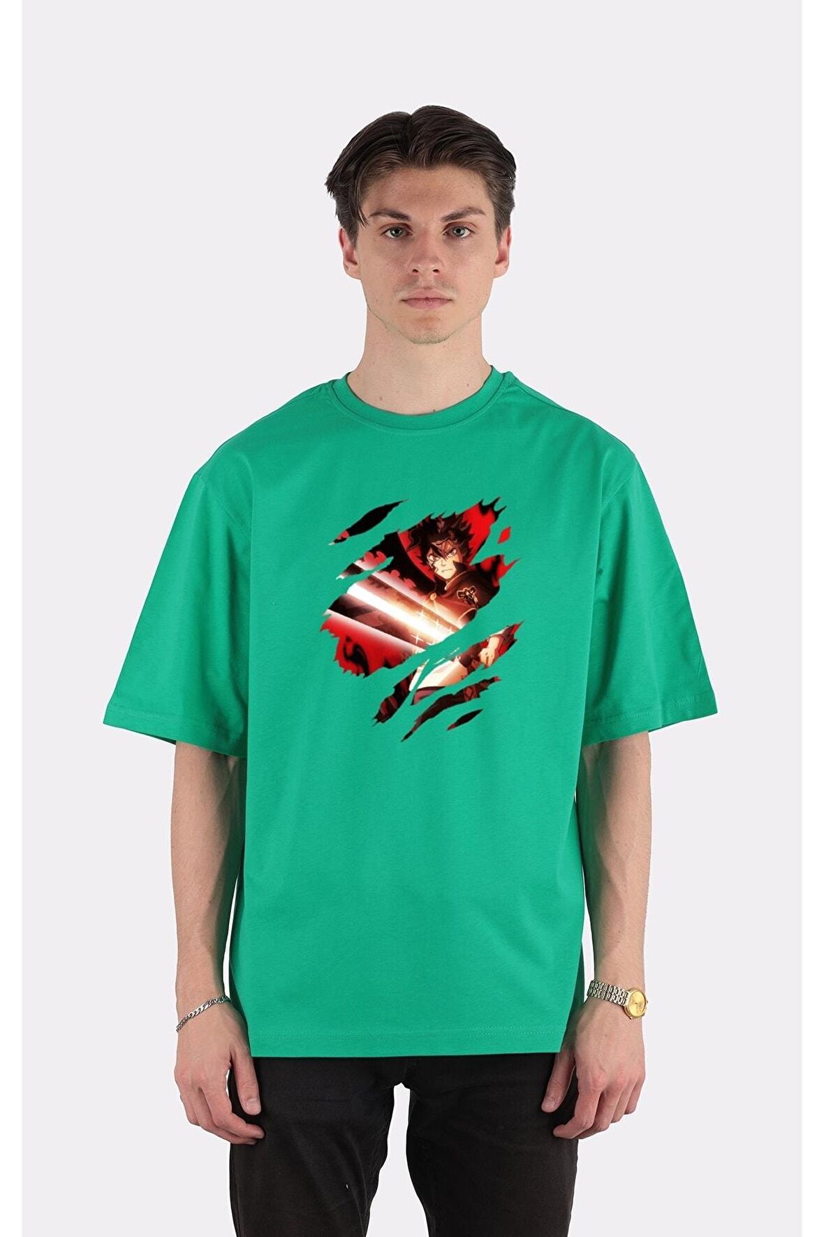 Yeşil %100 Pamuk Bisiklet Yaka Oversize T-shirt Zoro Samurai Wano Kuni Arc