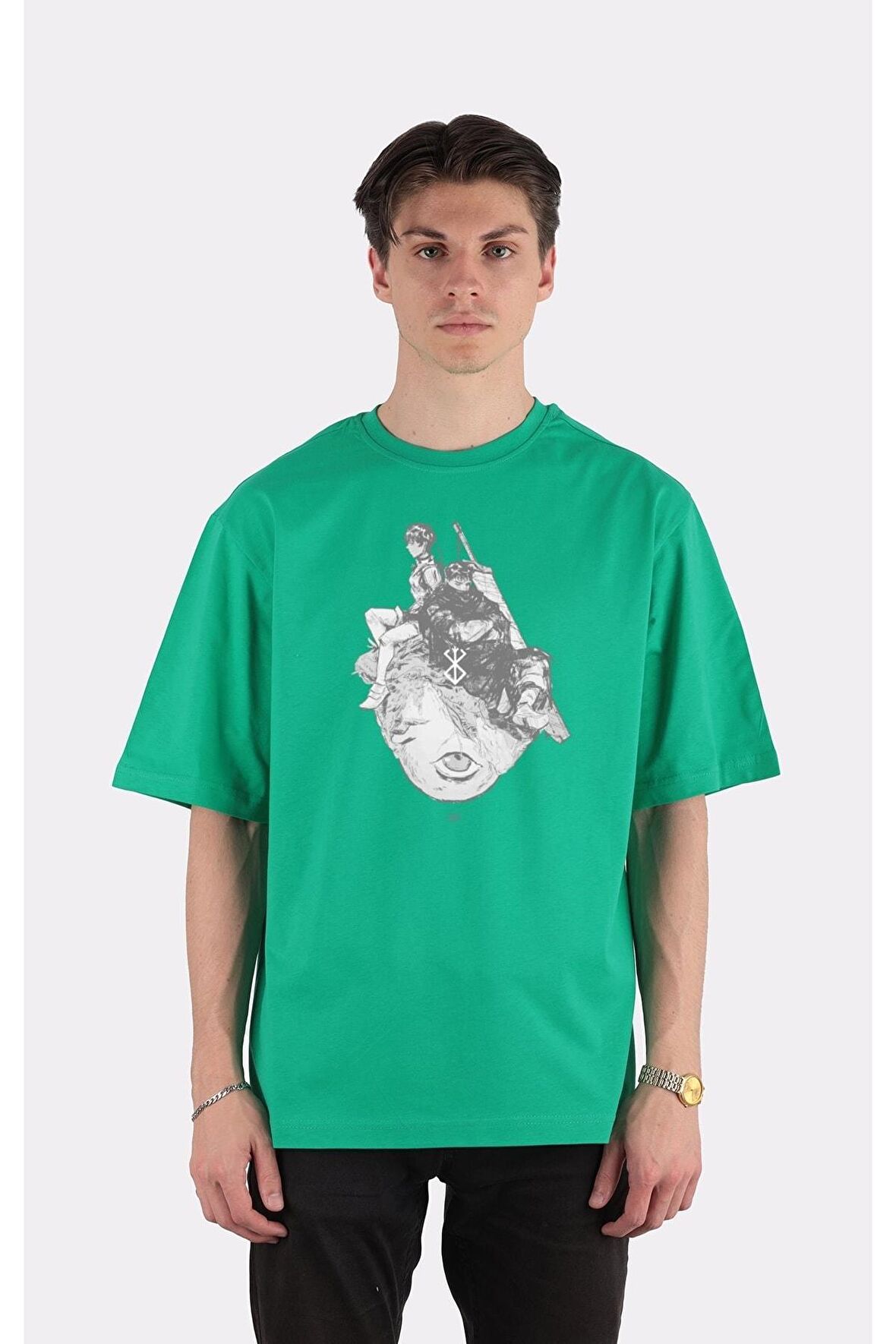 Yeşil %100 Pamuk Bisiklet Yaka Oversize T-shirt Zoro Samurai Wano Kuni Arc