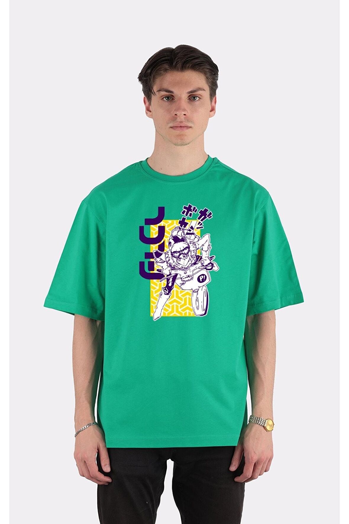 Yeşil %100 Pamuk Bisiklet Yaka Oversize T-shirt Zoro Samurai Wano Kuni Arc