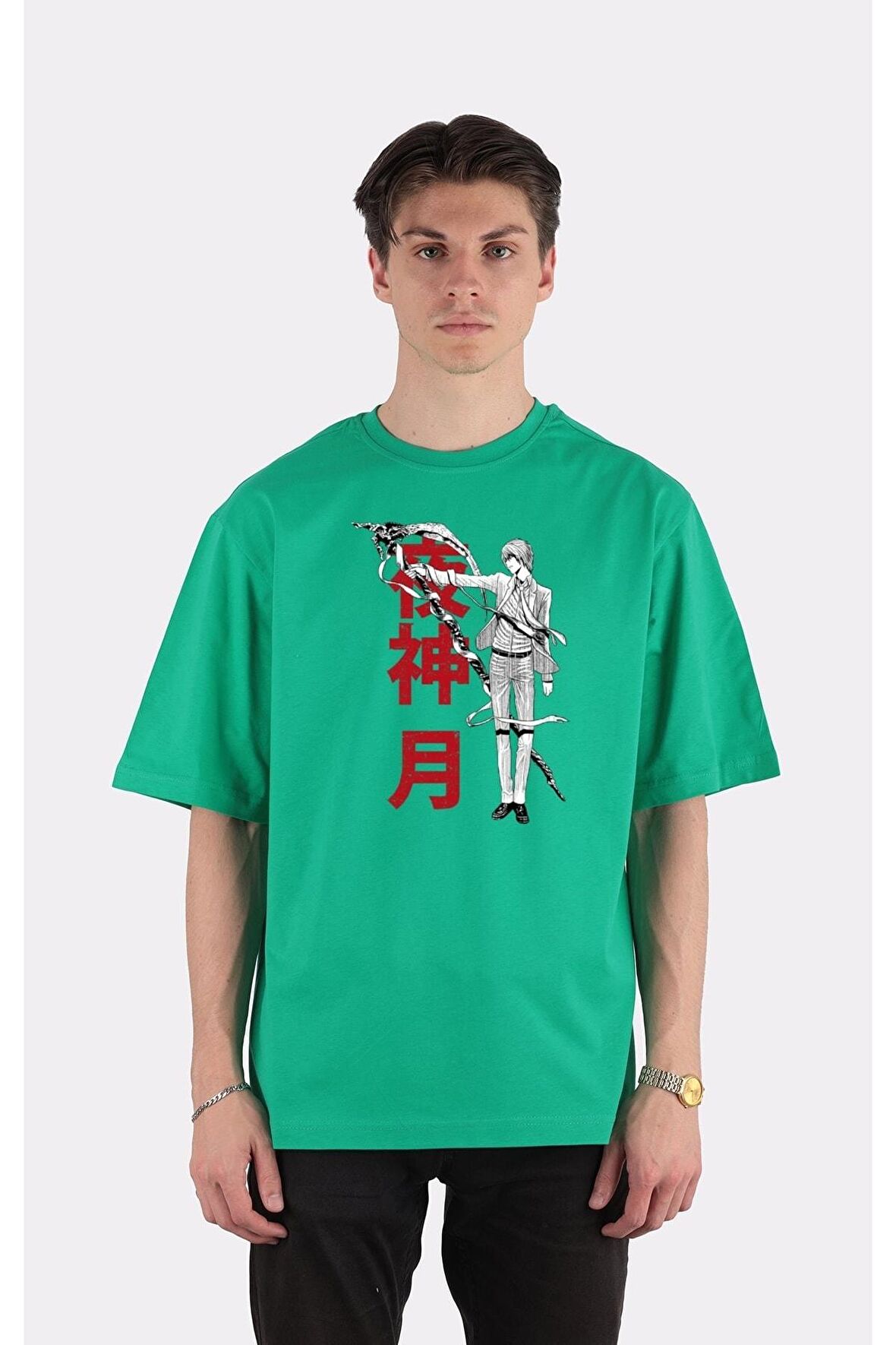 Yeşil %100 Pamuk Bisiklet Yaka Oversize T-shirt Zoro Samurai Wano Kuni Arc