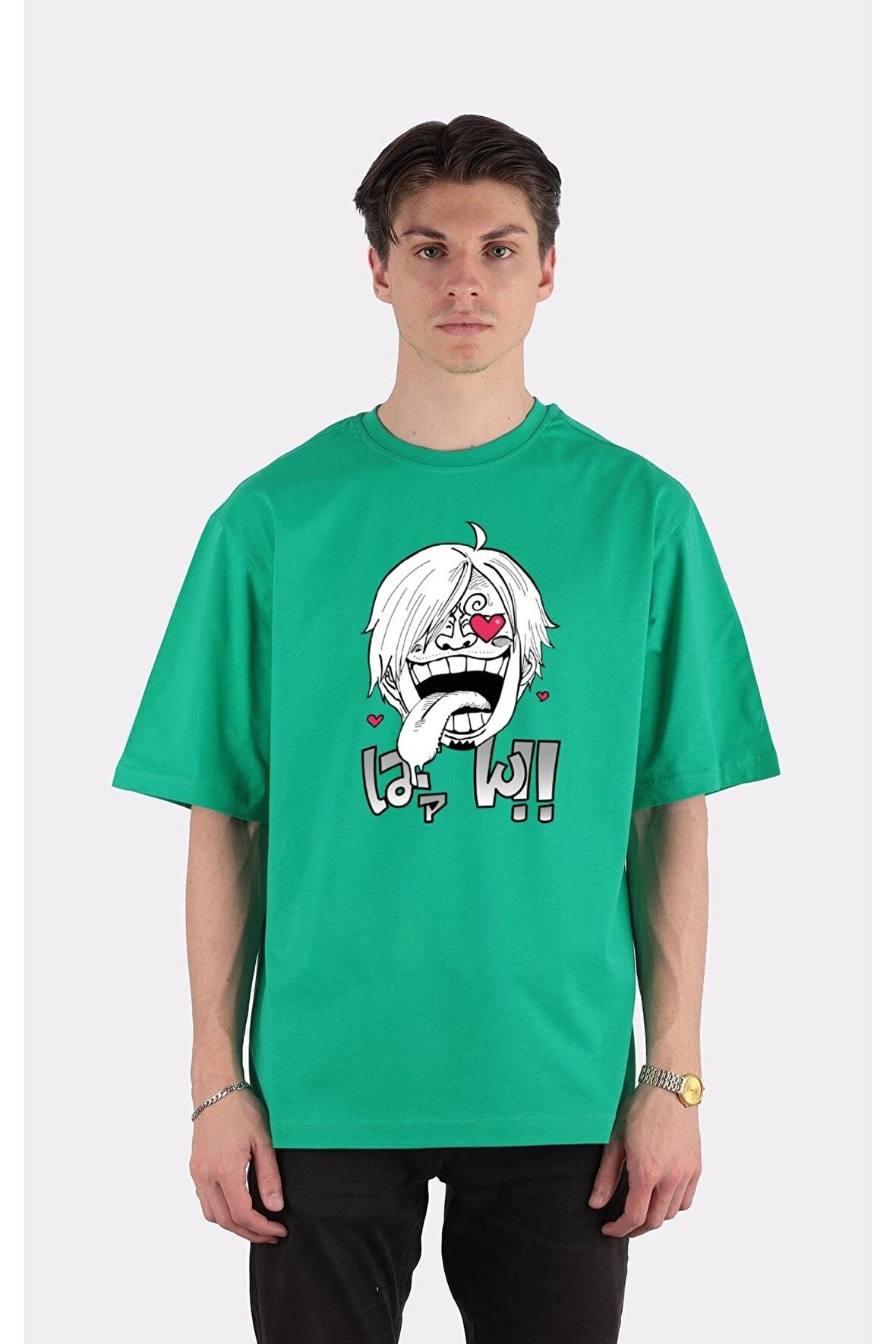 Yeşil %100 Pamuk Bisiklet Yaka Oversize T-shirt Zoro Samurai Wano Kuni Arc