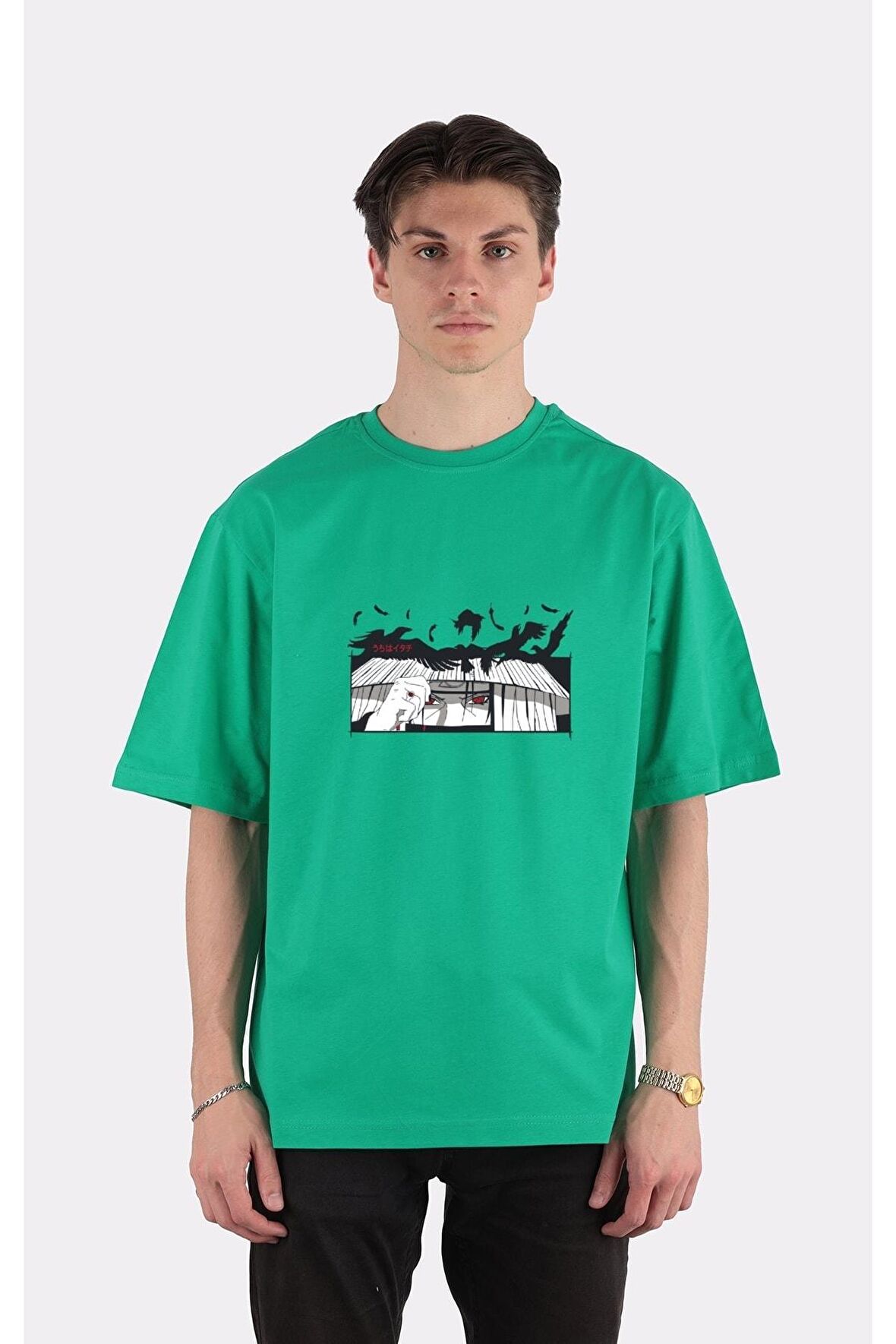 Yeşil %100 Pamuk Bisiklet Yaka Oversize T-shirt Zoro Samurai Wano Kuni Arc