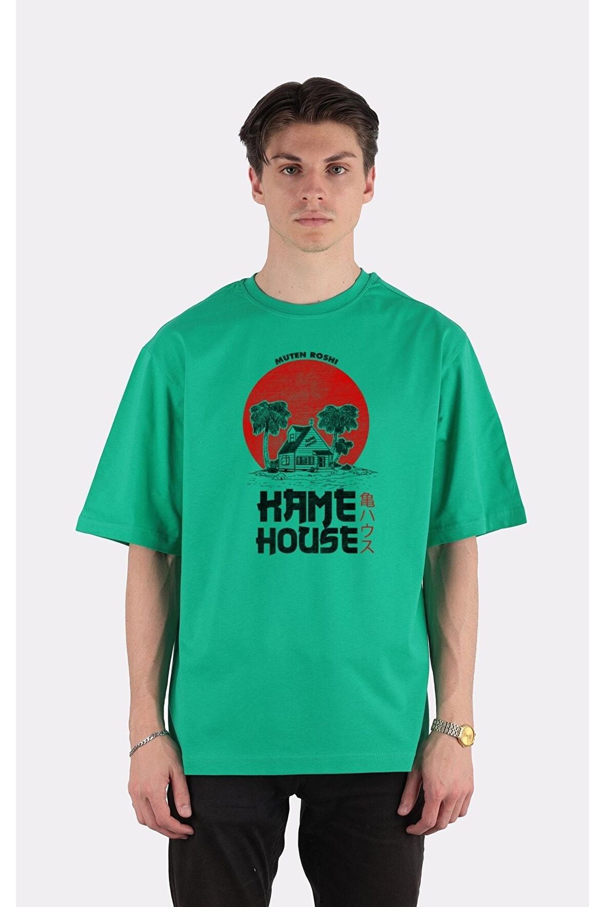 Yeşil %100 Pamuk Bisiklet Yaka Oversize T-shirt Zoro Samurai Wano Kuni Arc