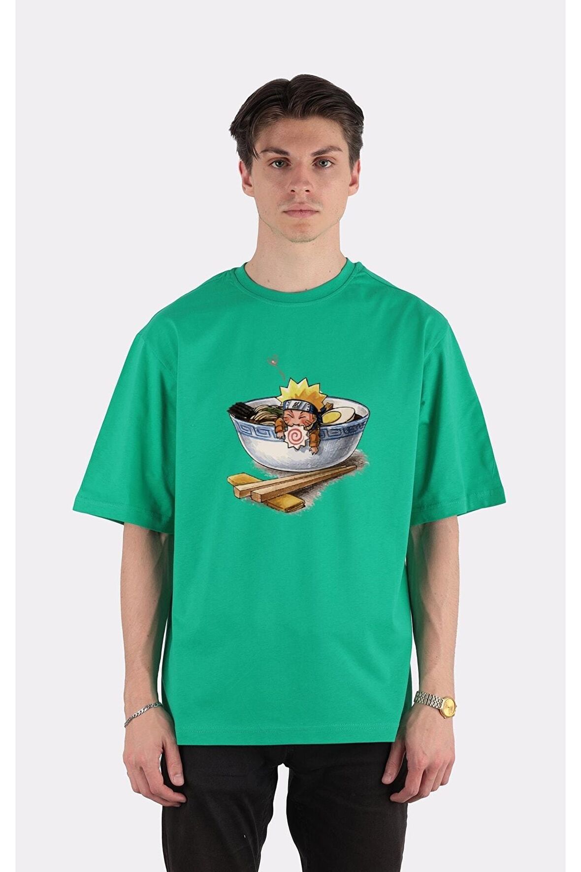 Yeşil %100 Pamuk Bisiklet Yaka Oversize T-shirt Zoro Samurai Wano Kuni Arc