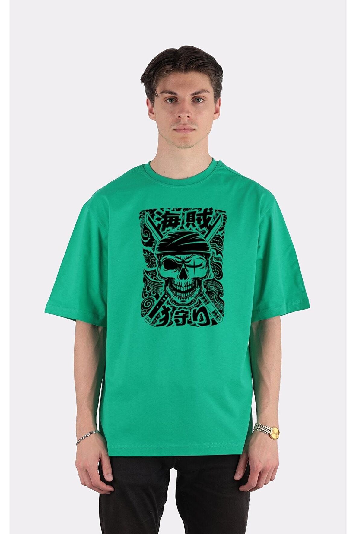 Yeşil %100 Pamuk Bisiklet Yaka Oversize T-shirt Zoro Samurai Wano Kuni Arc