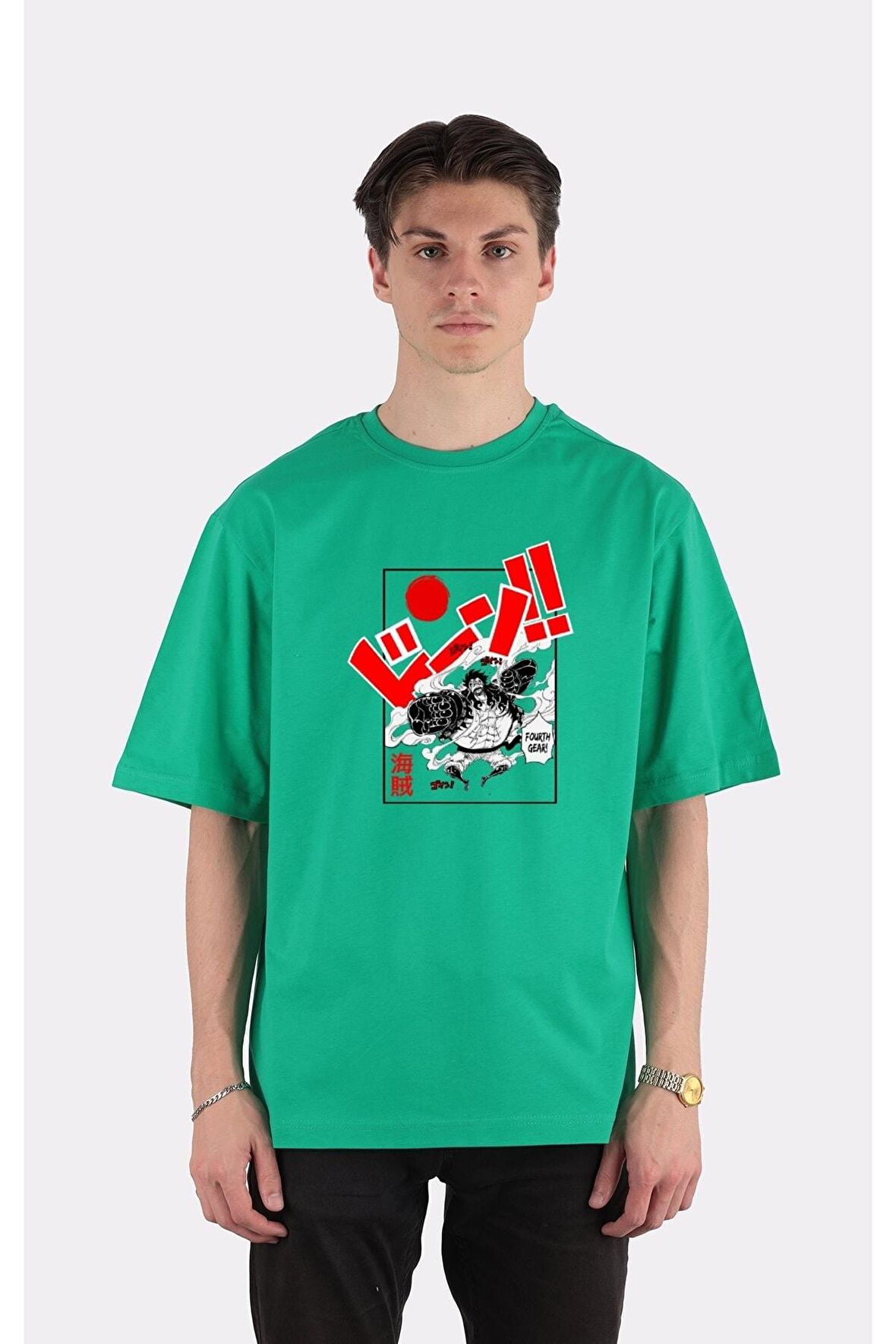 Yeşil %100 Pamuk Bisiklet Yaka Oversize T-shirt Zoro Samurai Wano Kuni Arc