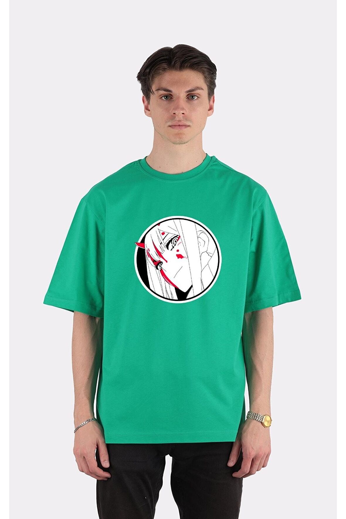 Yeşil %100 Pamuk Bisiklet Yaka Oversize T-shirt Zoro Samurai Wano Kuni Arc