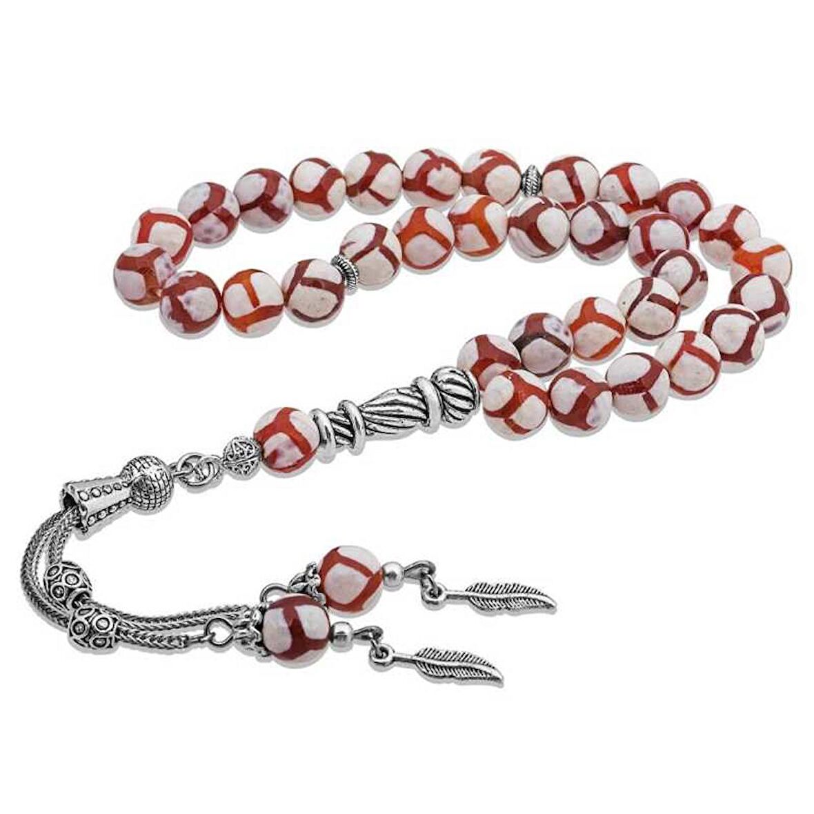 Silverlina Doğaltaş Metal Püsküllü Çizgili Akik Taşı Tesbih