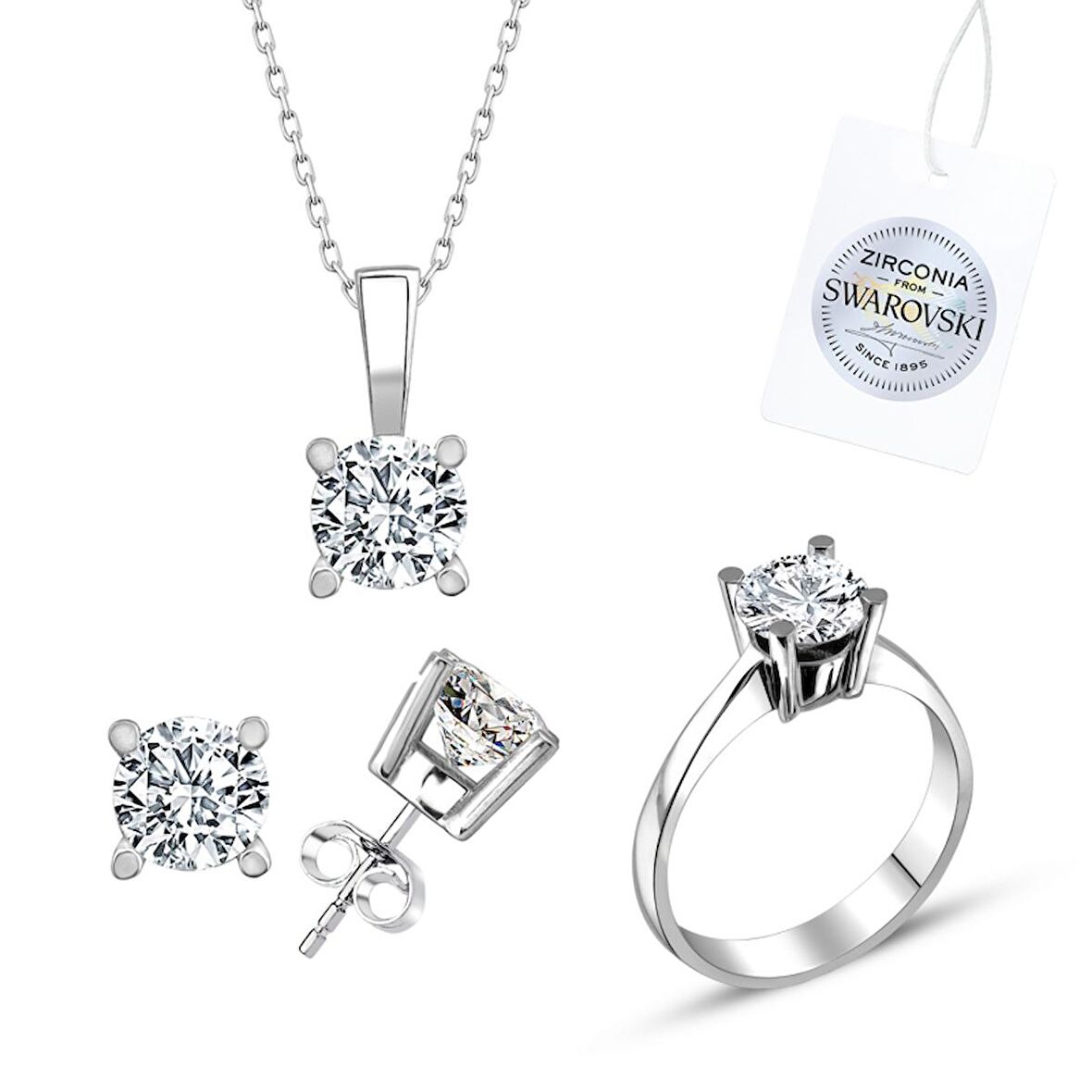 Silverlina Gümüş Swarovski Zirconia Taşlı Tektaş Set