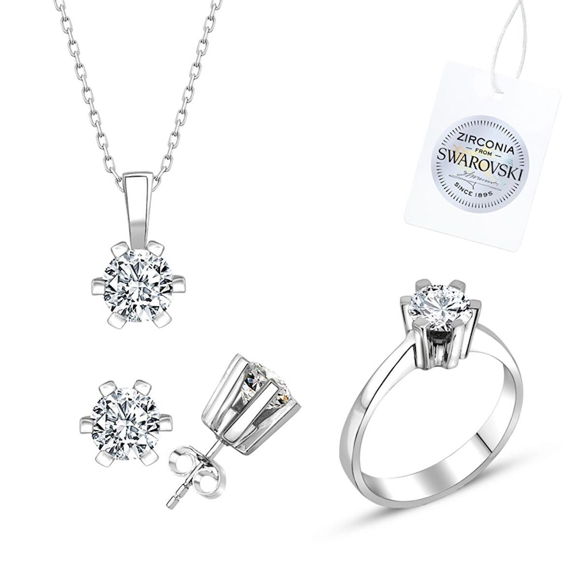 Silverlina Gümüş Swarovski Zirconia Taşlı Tektaş Set