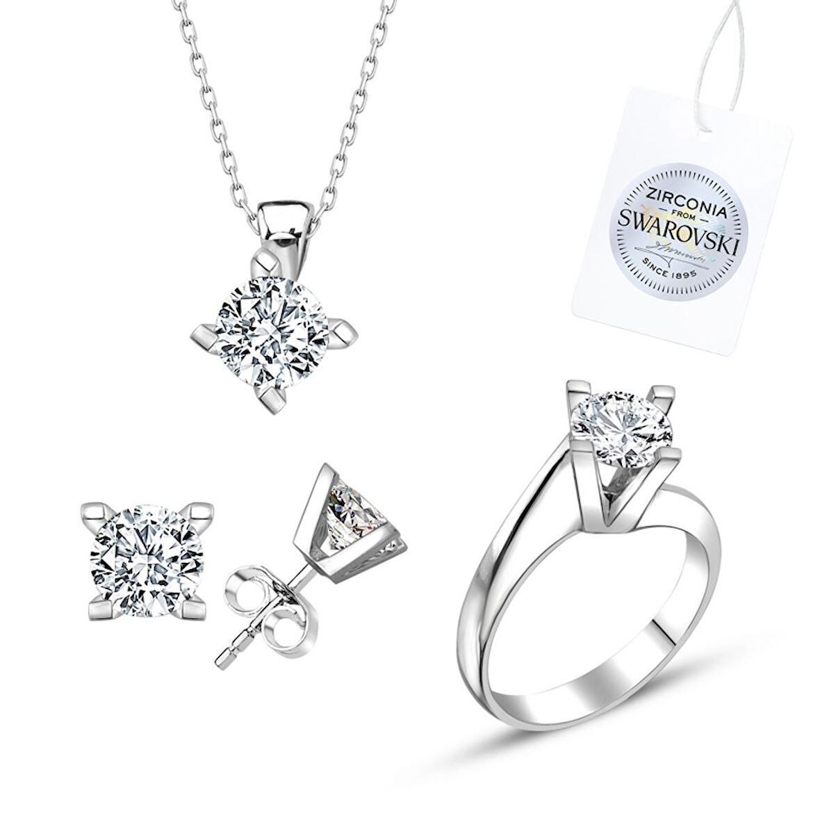 Silverlina Gümüş Swarovski Zirconia Taşlı Tektaş Set