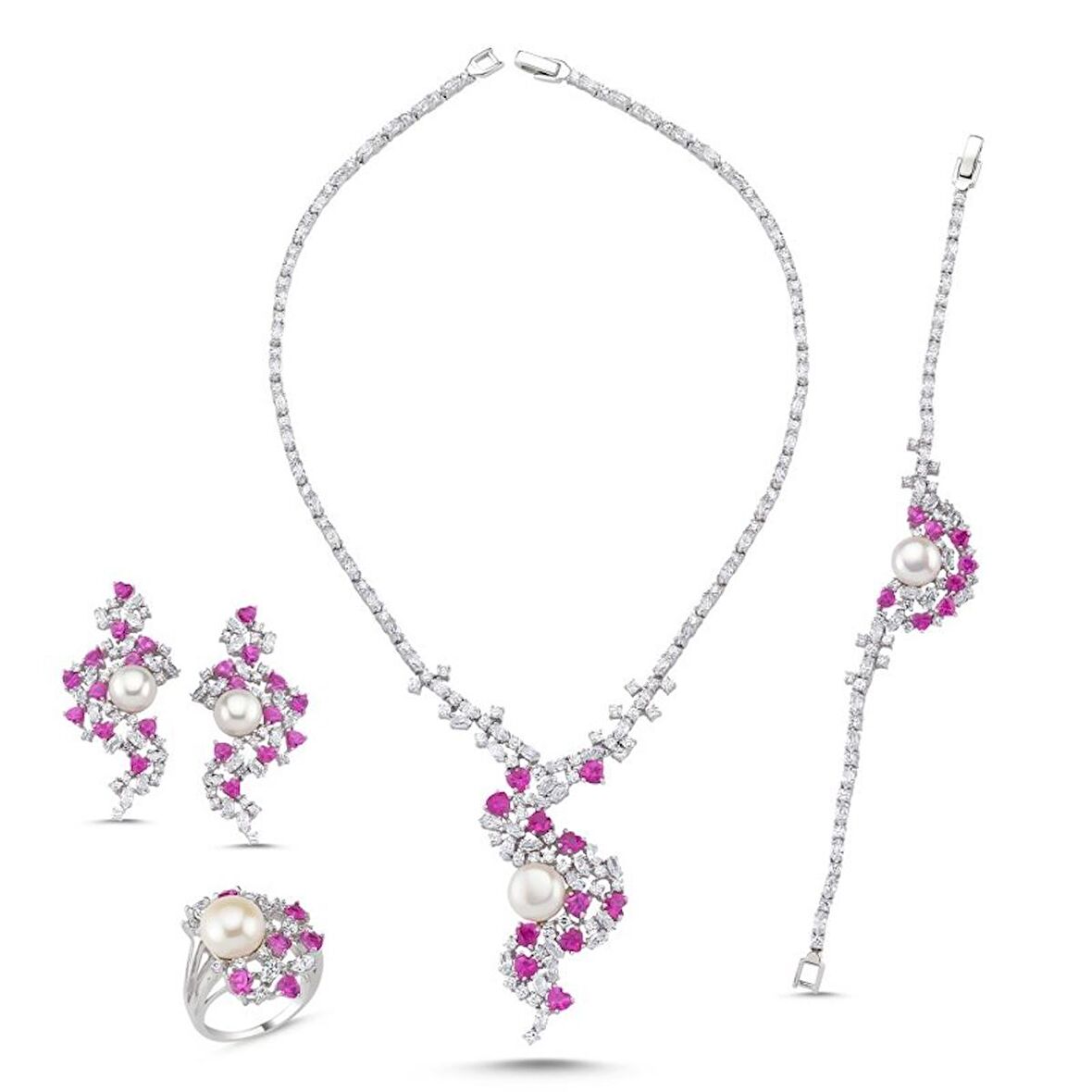 Silverlina Gümüş Pembe Zirkon Taşlı ve İncili Kolye, Bileklik, Yüzük ve Küpe Set