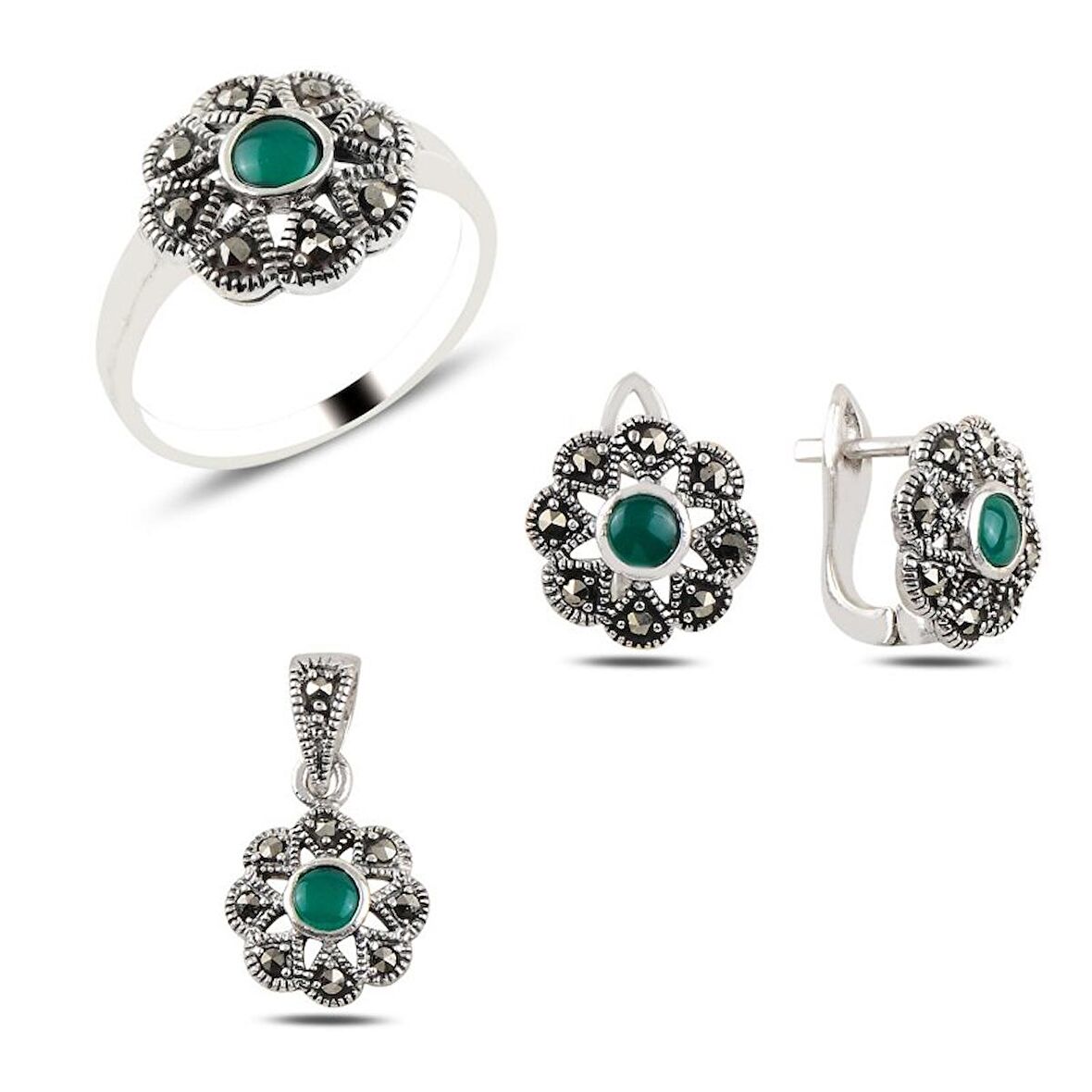 Silverlina Gümüş Yeşil Akik & Markazit Taşlı Set