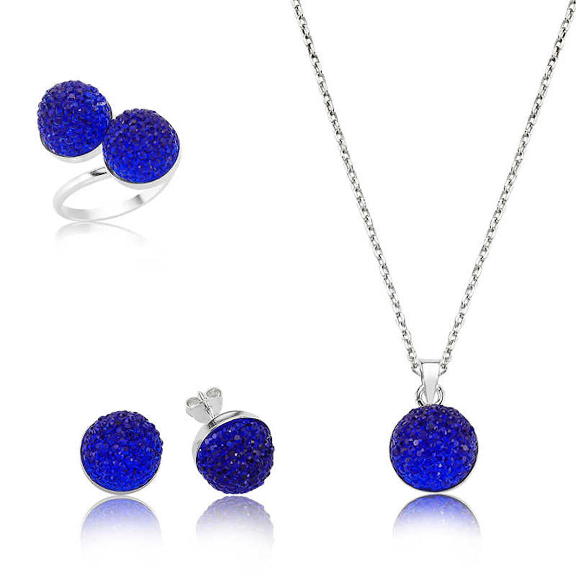 Silverlina Gümüş Lacivert Kristal Taşlı Bayan Set