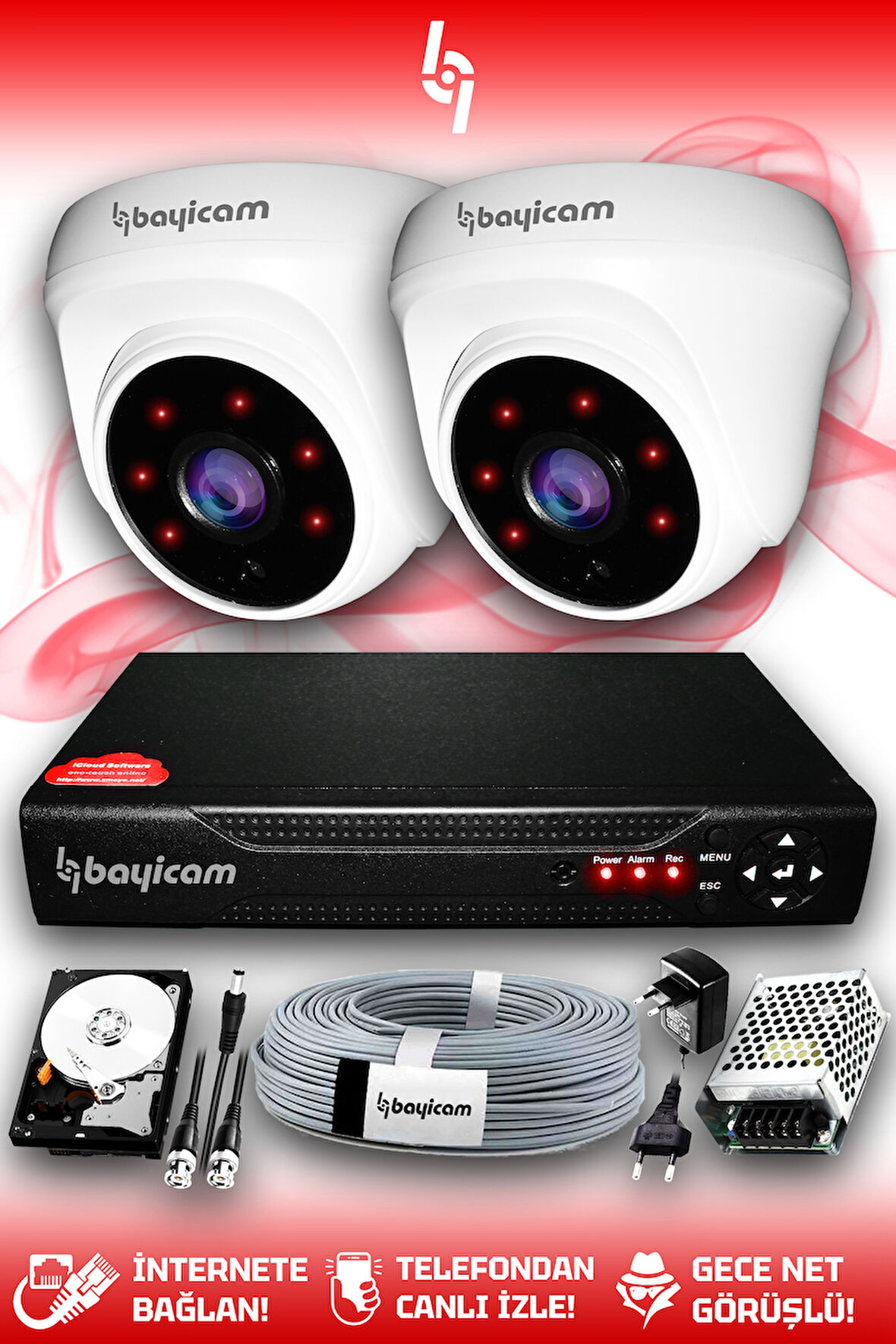 BAYICAM 2 Kameralı Dome 2 İç Kamera Set 1 TB HDD Full HD Gece Görüşlü Güvenlik Kamerası Sistemi