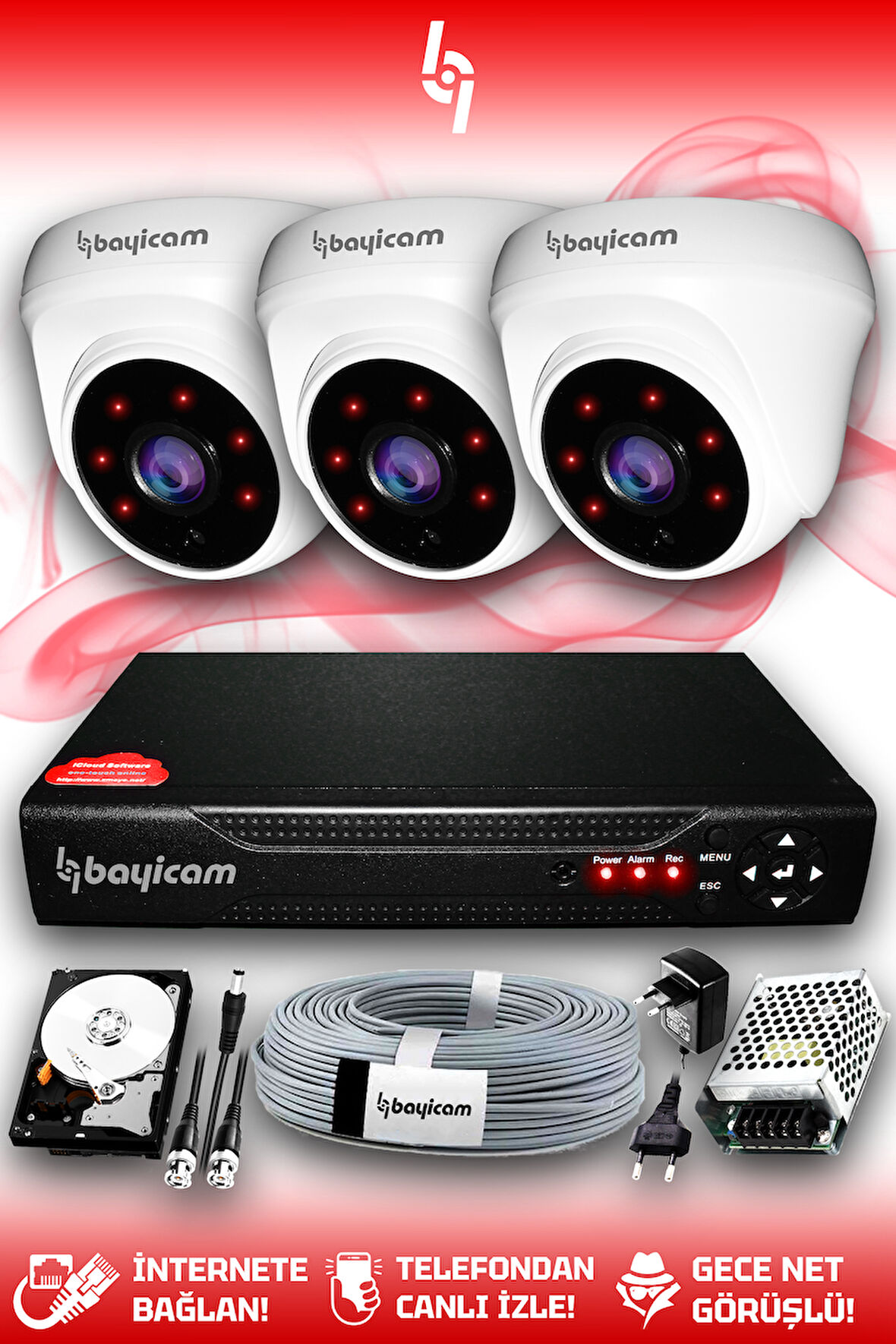 BAYICAM 3 Kameralı Dome 3 İç Kamera Set 500 GB HDD Full HD Gece Görüşlü Güvenlik Kamerası Sistemi