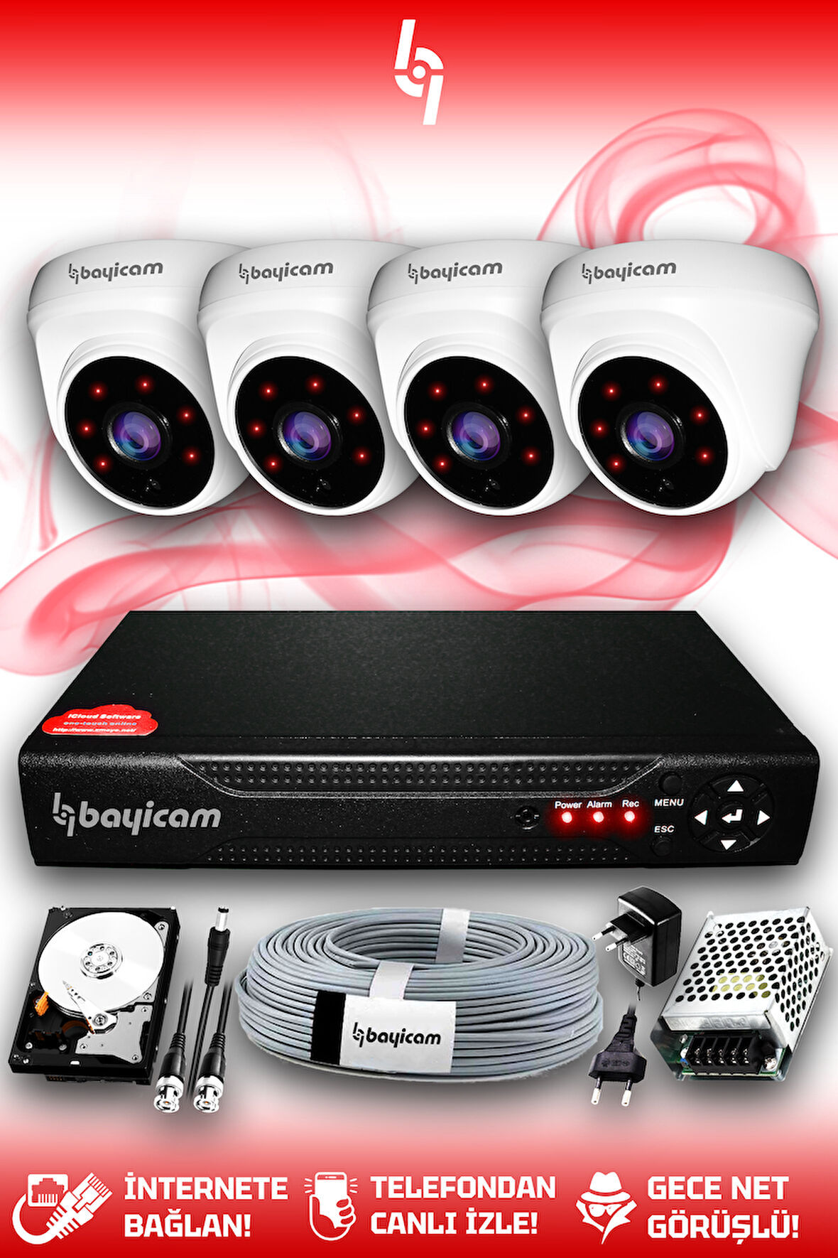 BAYICAM 4 Kameralı Dome 4 İç Kamera Set 100 GB HDD Full HD Gece Görüşlü Güvenlik Kamerası Sistemi