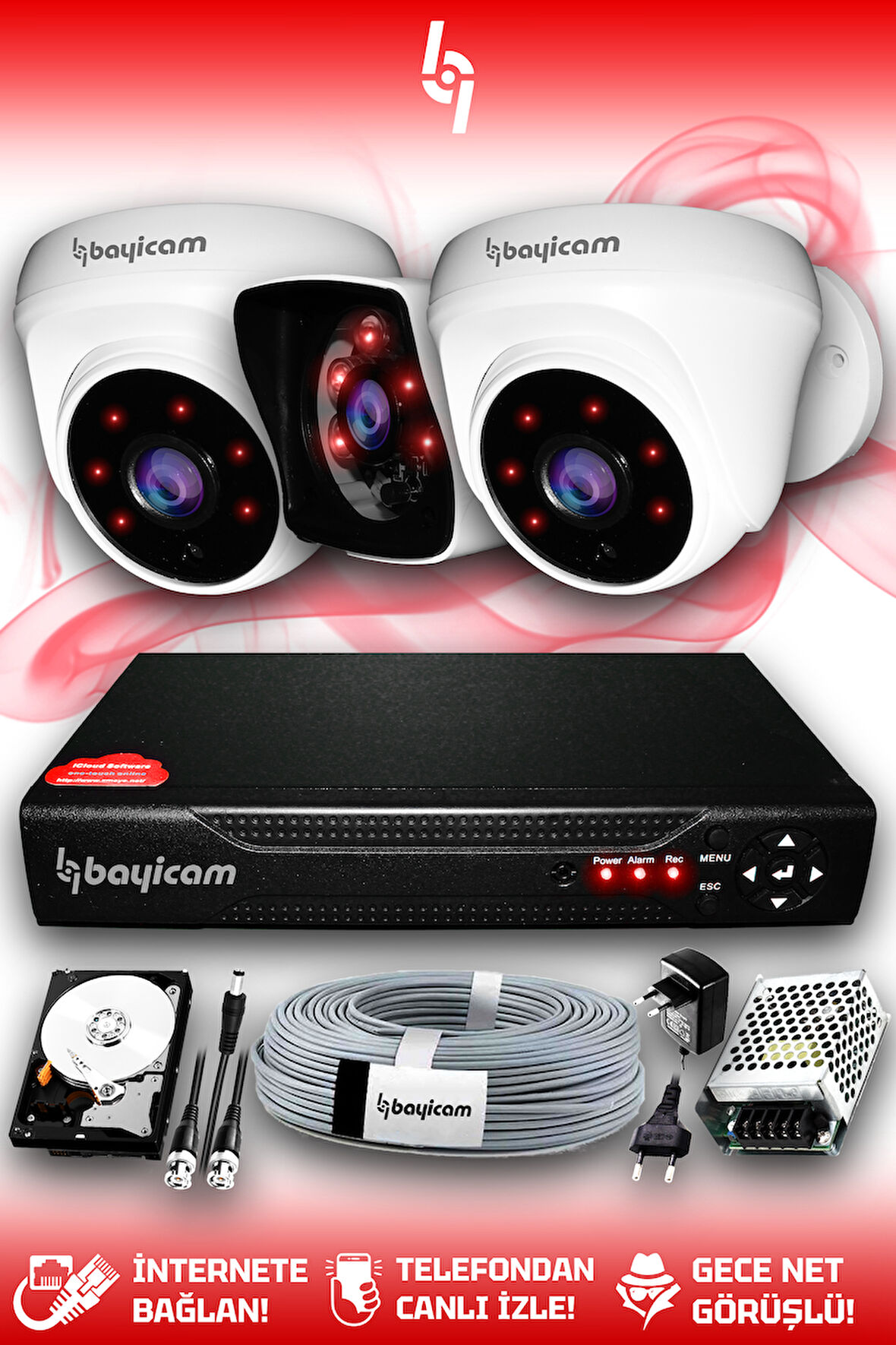 BAYICAM 3 Kameralı Kare 2 İç Kamera Set 320 GB HDD Full HD Gece Görüşlü Güvenlik Kamerası Sistemi