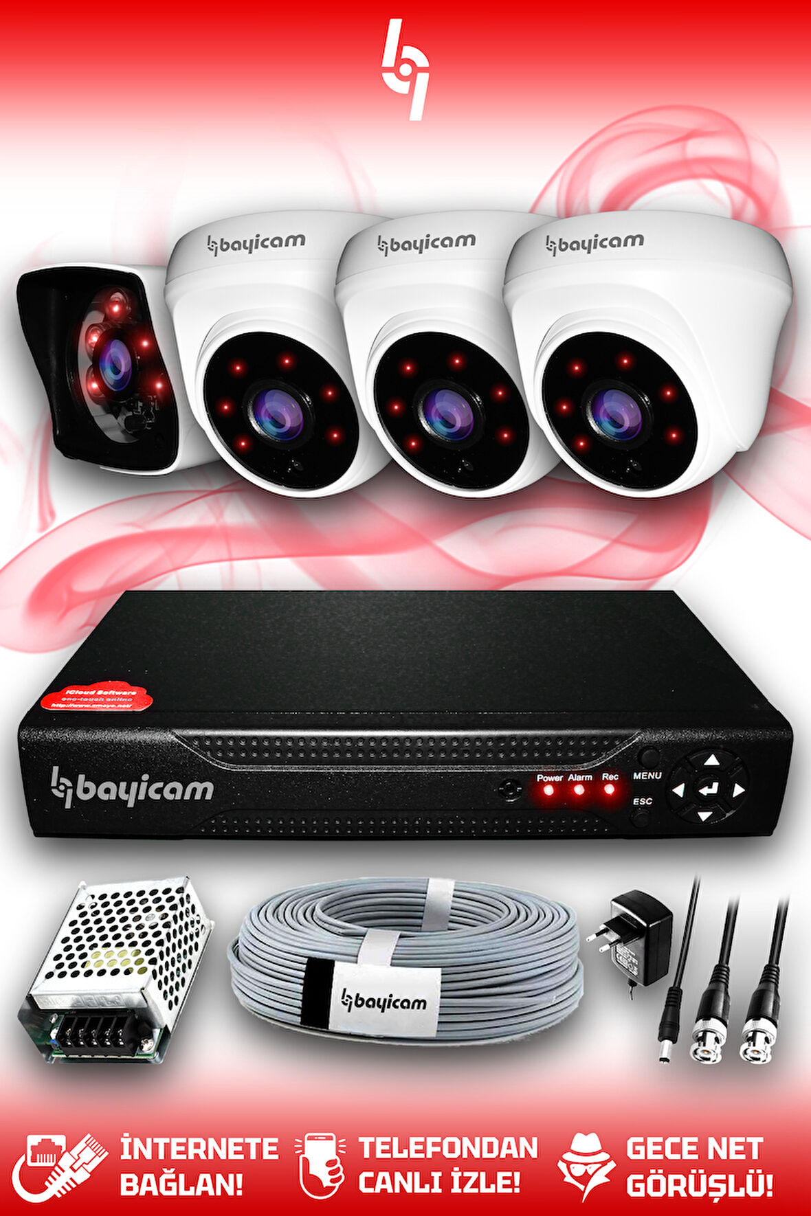 BAYICAM 4 Kameralı Kare 3 İç Kamera Set HDD'siz Full HD Gece Görüşlü Güvenlik Kamerası Sistemi