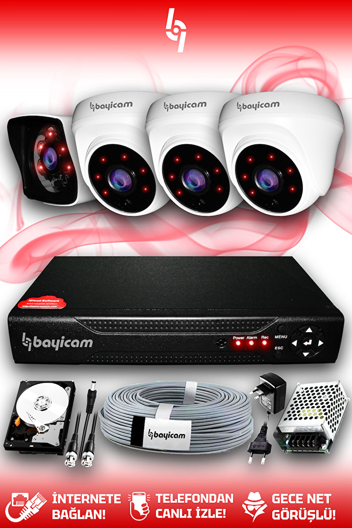 BAYICAM 4 Kameralı Kare 3 İç Kamera Set 250 GB HDD Full HD Gece Görüşlü Güvenlik Kamerası Sistemi