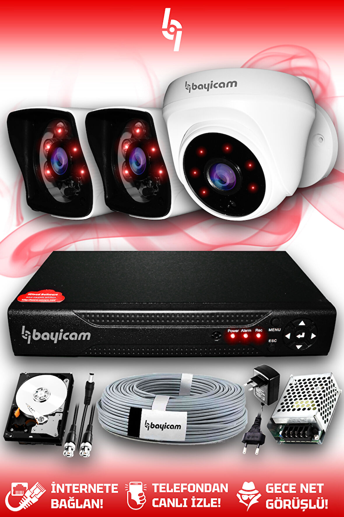 BAYICAM 3 Kameralı Kare 1 İç Kamera Set 320 GB HDD Full HD Gece Görüşlü Güvenlik Kamerası Sistemi