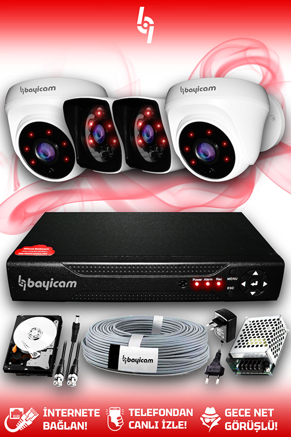 BAYICAM 4 Kameralı Kare 2 İç Kamera Set 320 GB HDD Full HD Gece Görüşlü Güvenlik Kamerası Sistemi