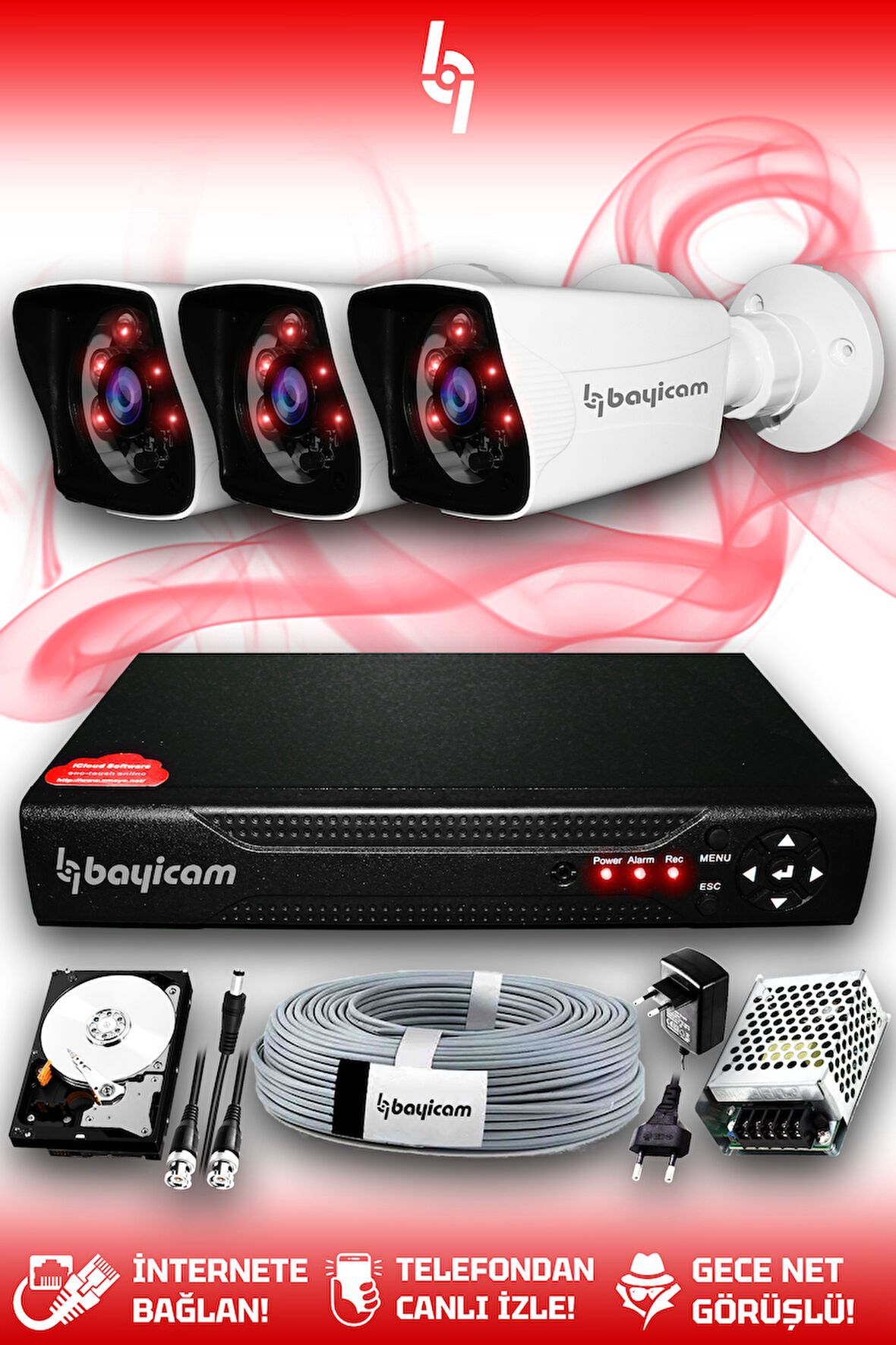 BAYICAM 3 Kameralı Kare 3 Dış Kamera Set 100 GB HDD Full HD Gece Görüşlü Güvenlik Kamerası Sistemi